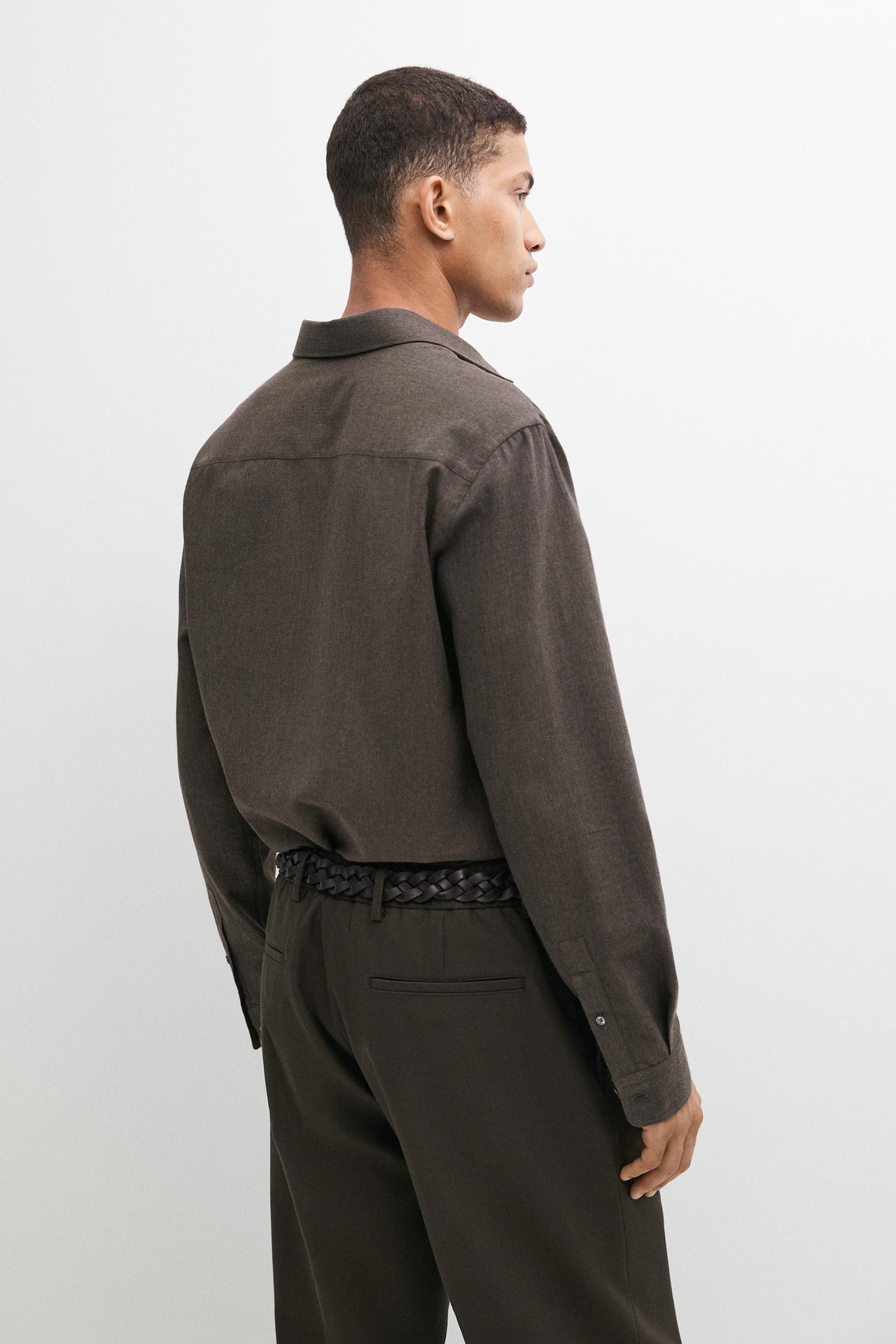 100% cotton regular fit melange twill shirt — MOLE BROWN