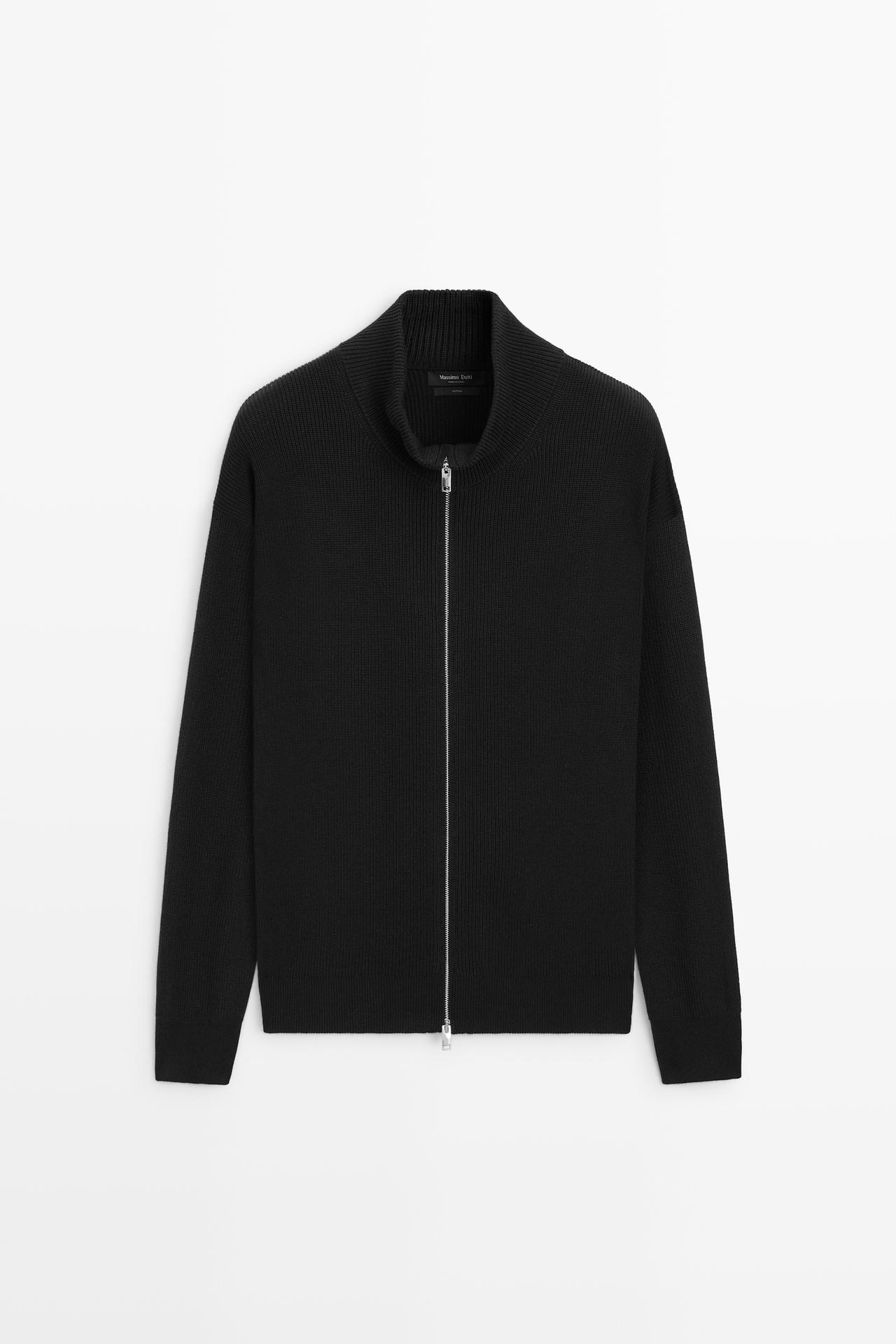 100% cotton ribbed knit cardigan — BLACK