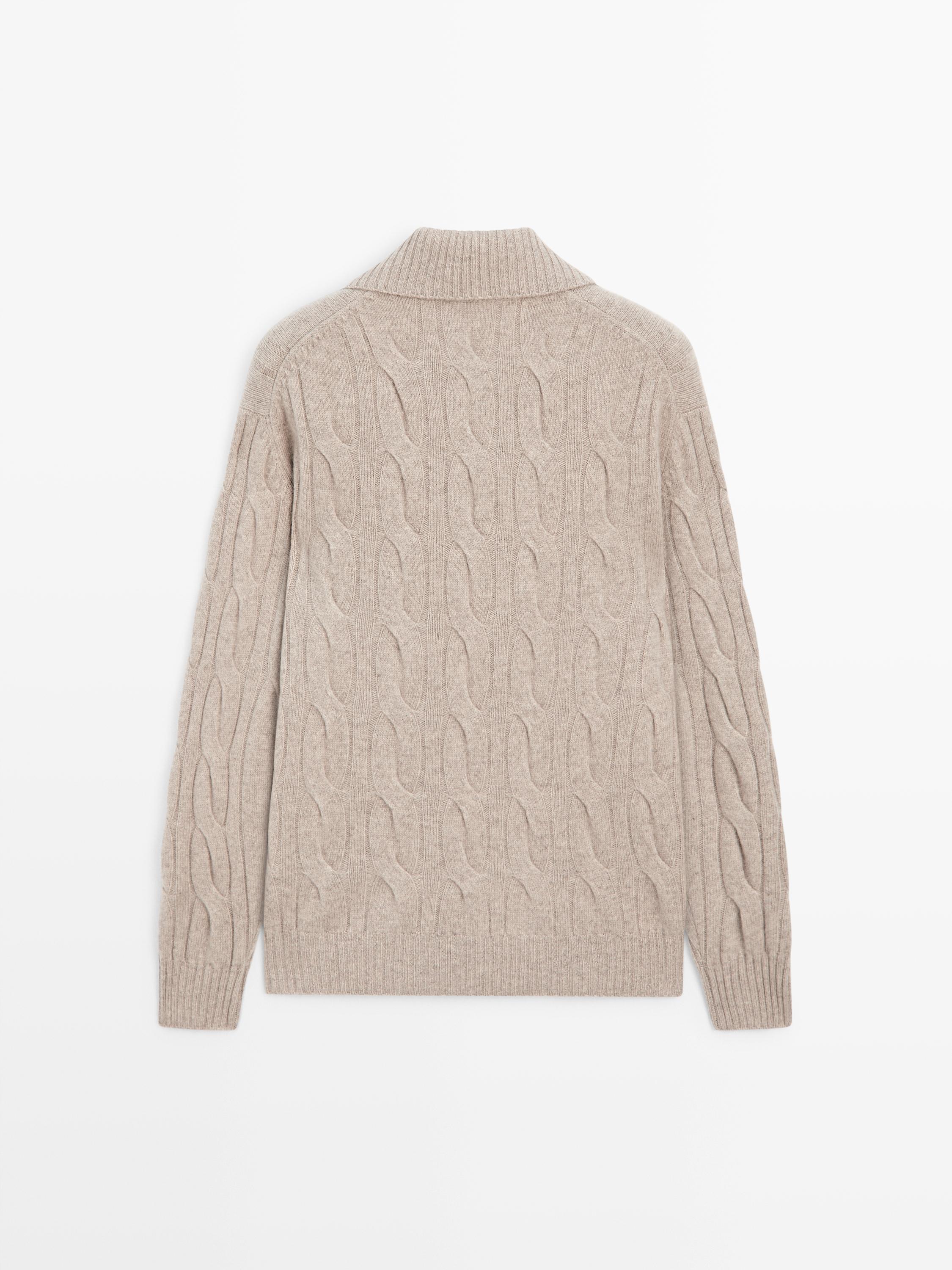 Wool cable-knit polo sweater — Sand