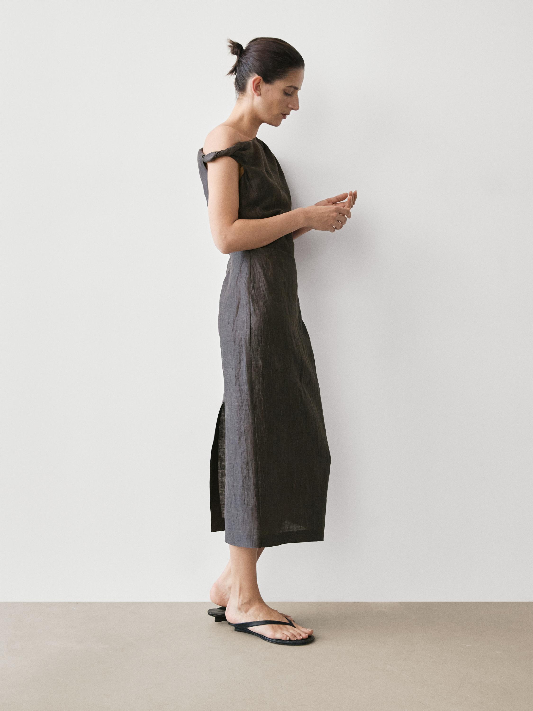 Midi dress with pleated shoulder detail — DARK GREY