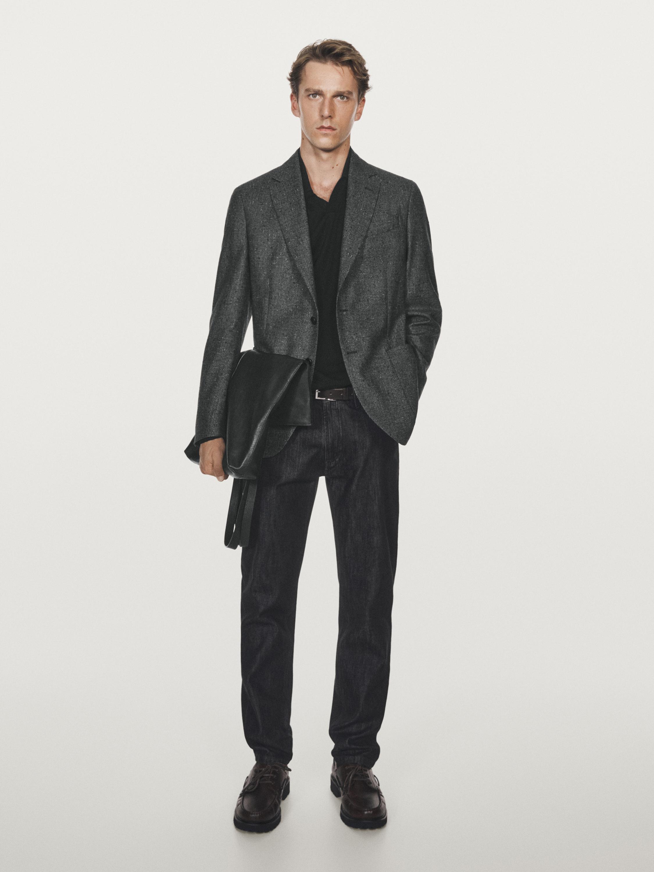 Textured check wool blend blazer