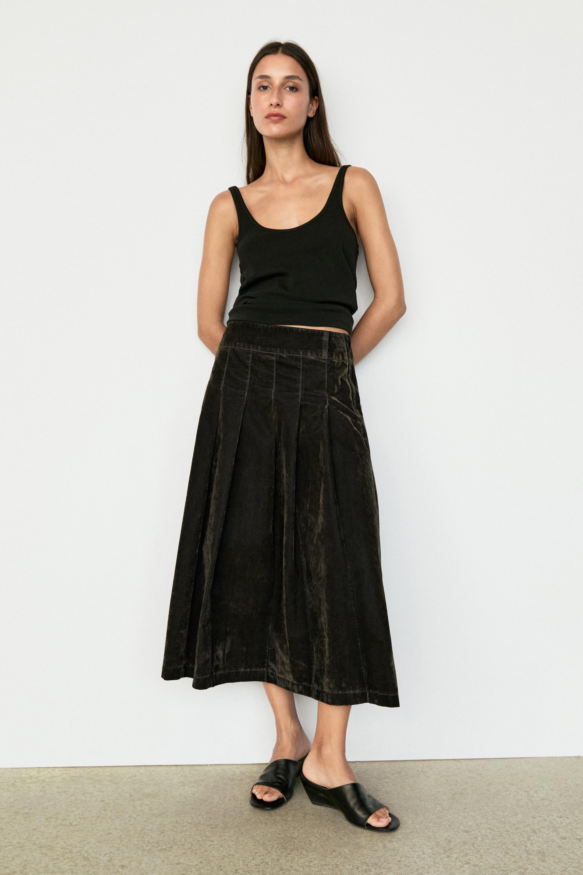 Flocked denim midi skirt with box pleats — KHAKI