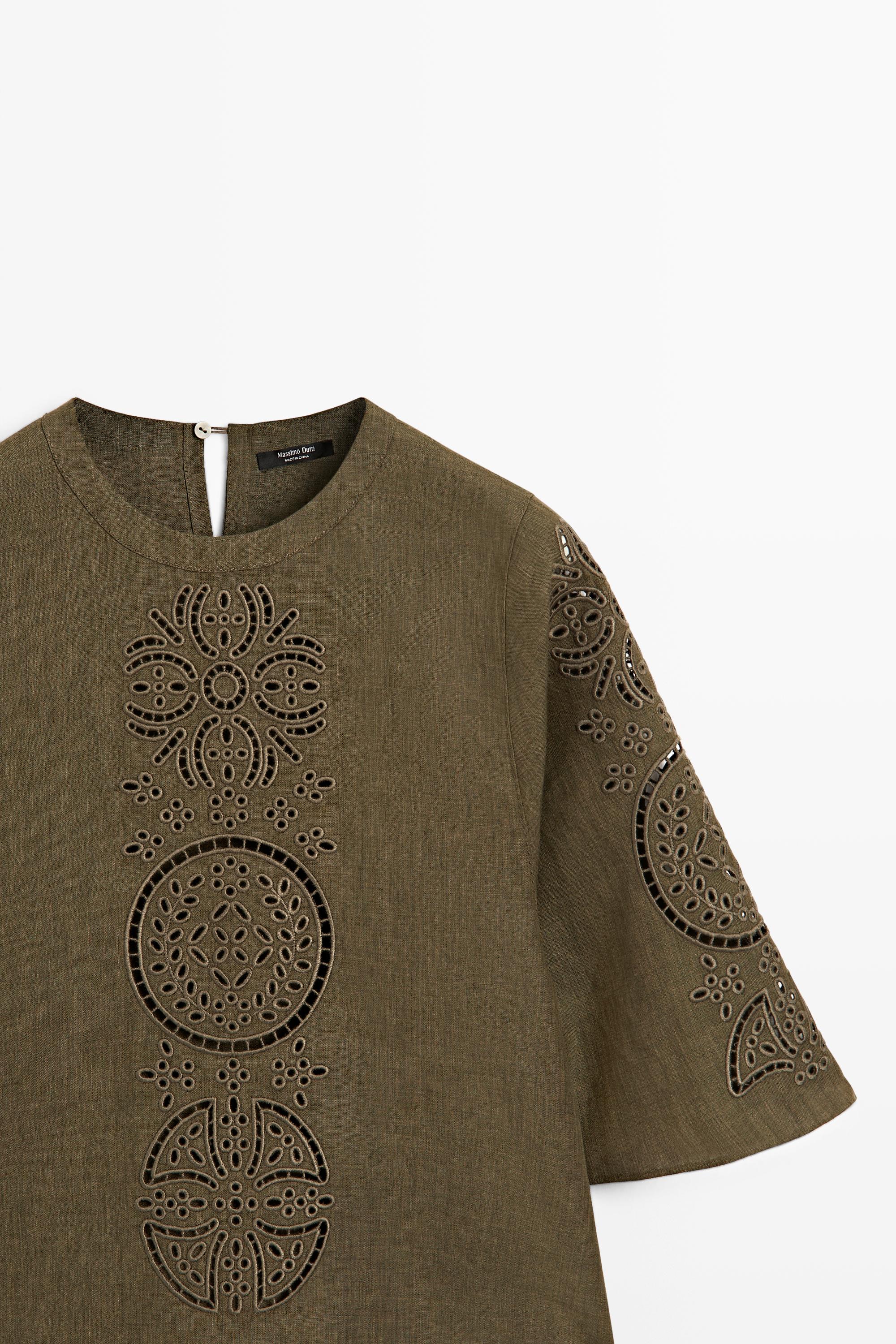 Linen blend blouse with embroidered details — GREEN