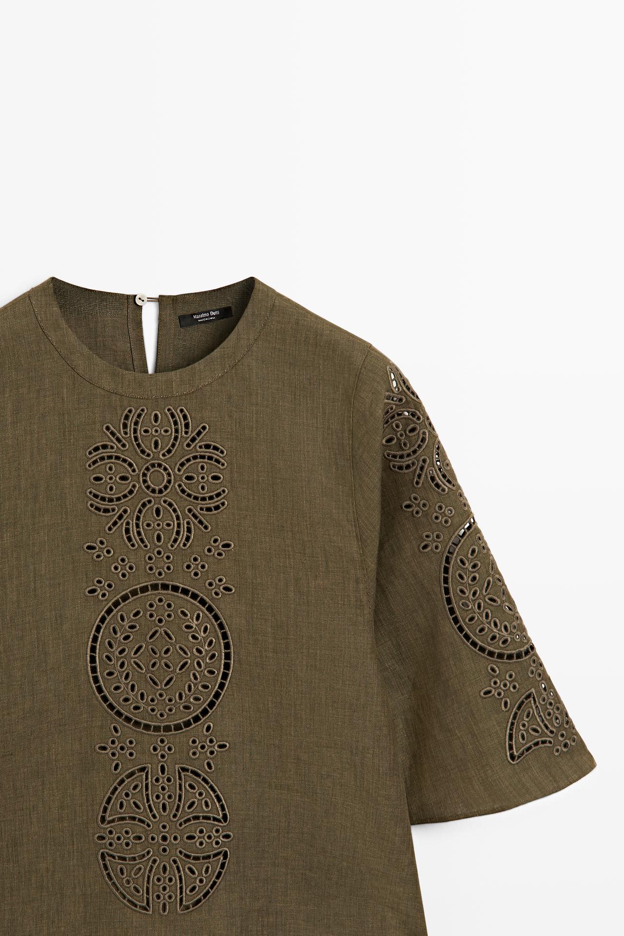 Linen blend blouse with embroidered details — GREEN