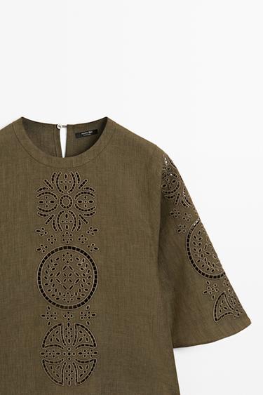 Linen blend blouse with embroidered details — GREEN 4
