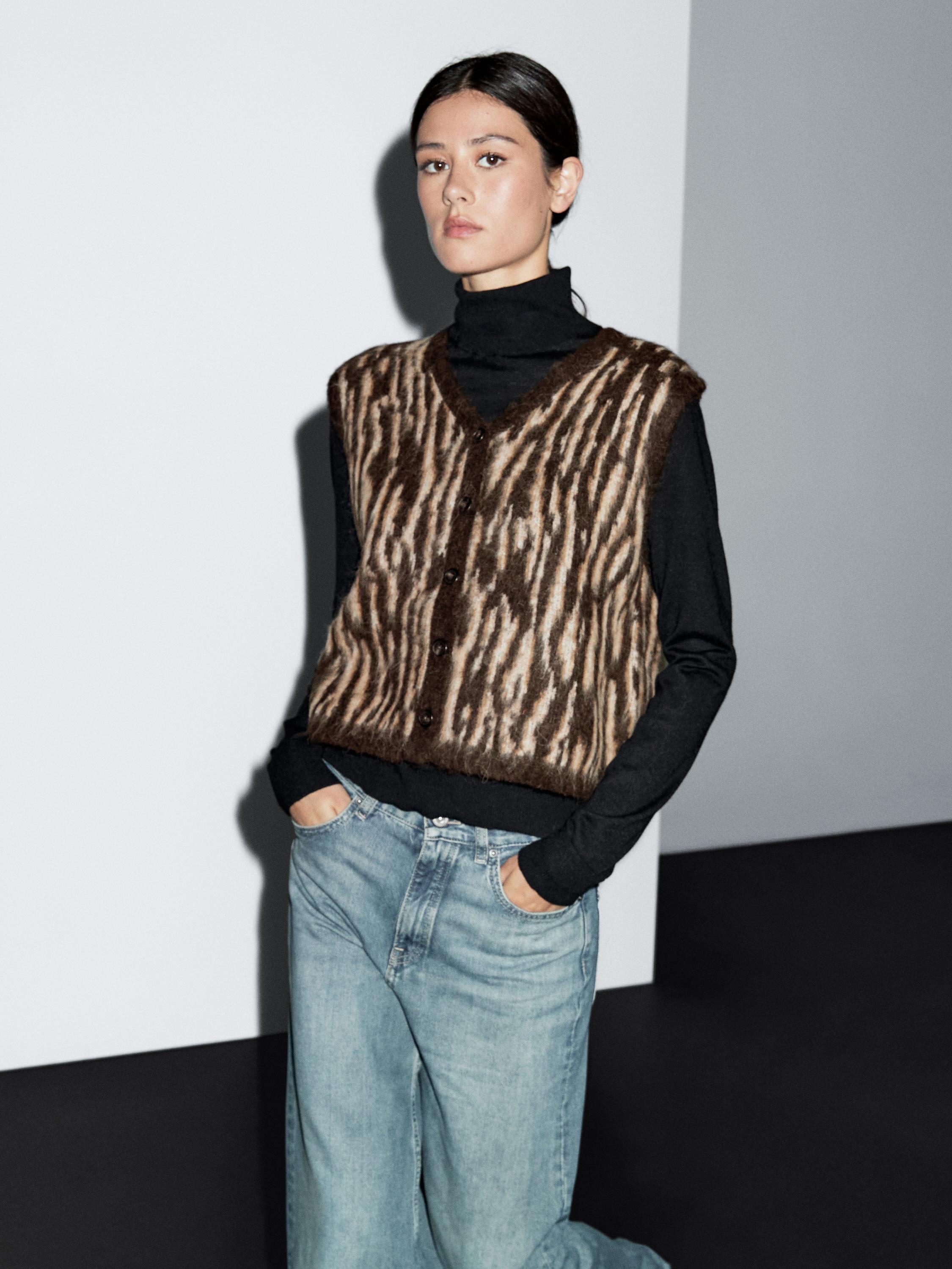 Animal print wool blend knit waistcoat