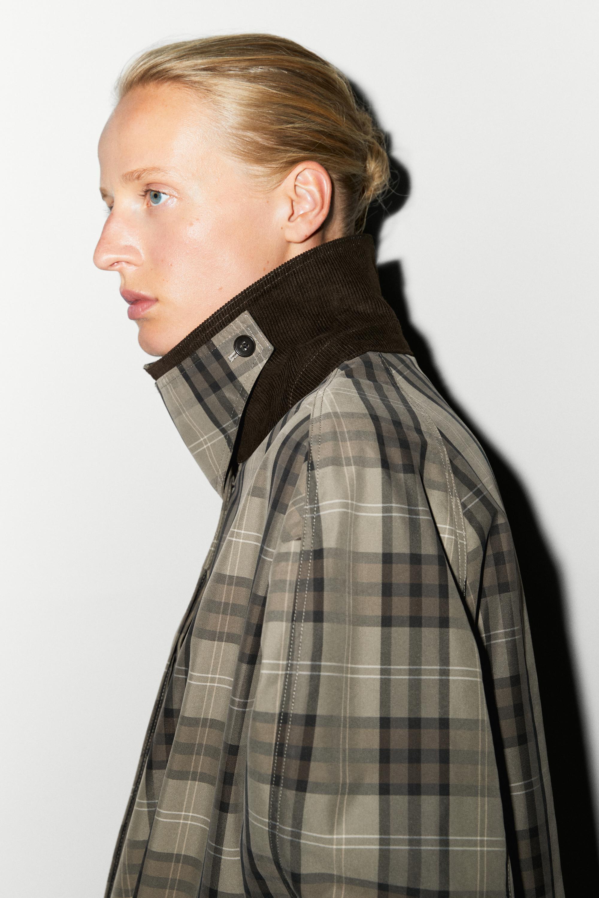 Long cotton blend plaid trench coat — Powder