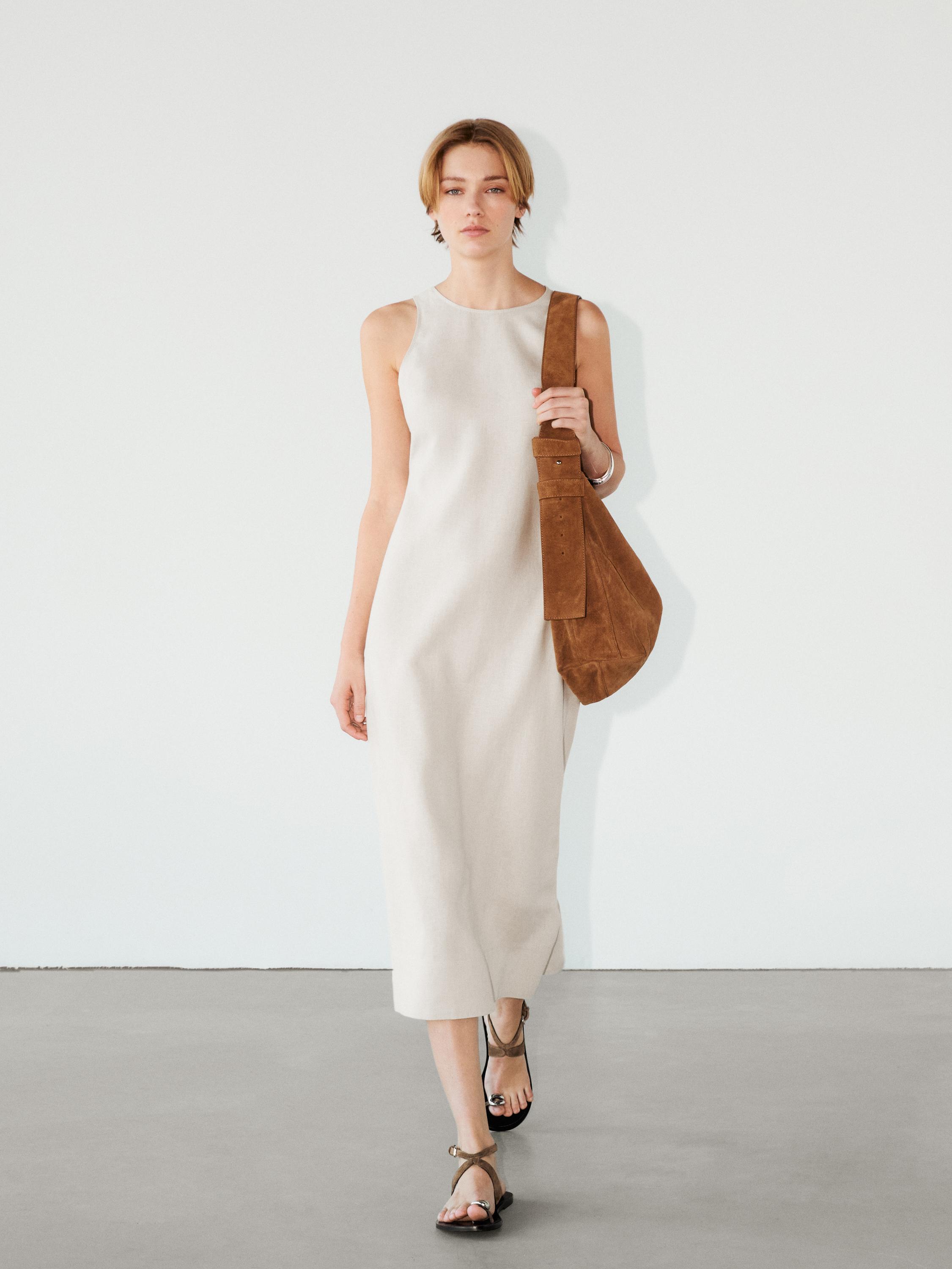 100% linen crew neck midi dress
