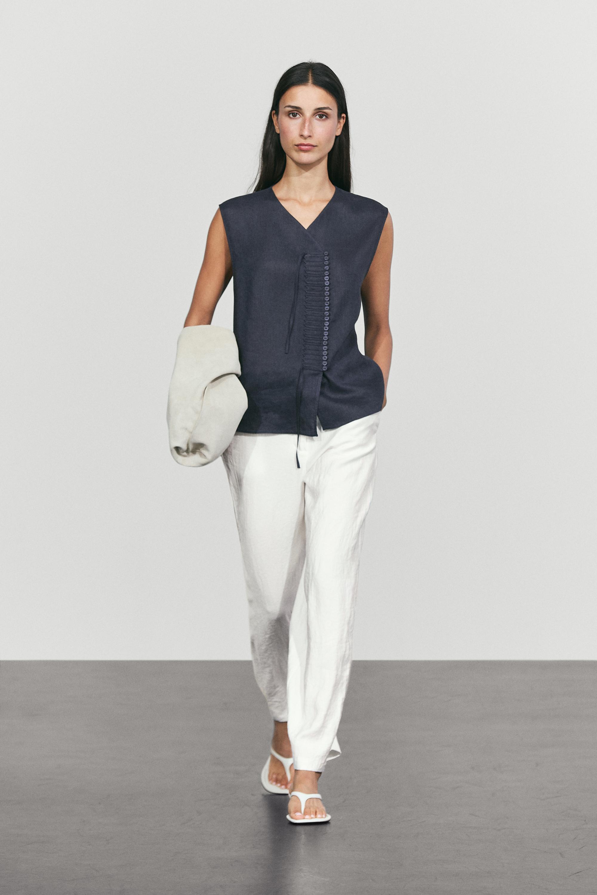 100% linen crossover top with button detail