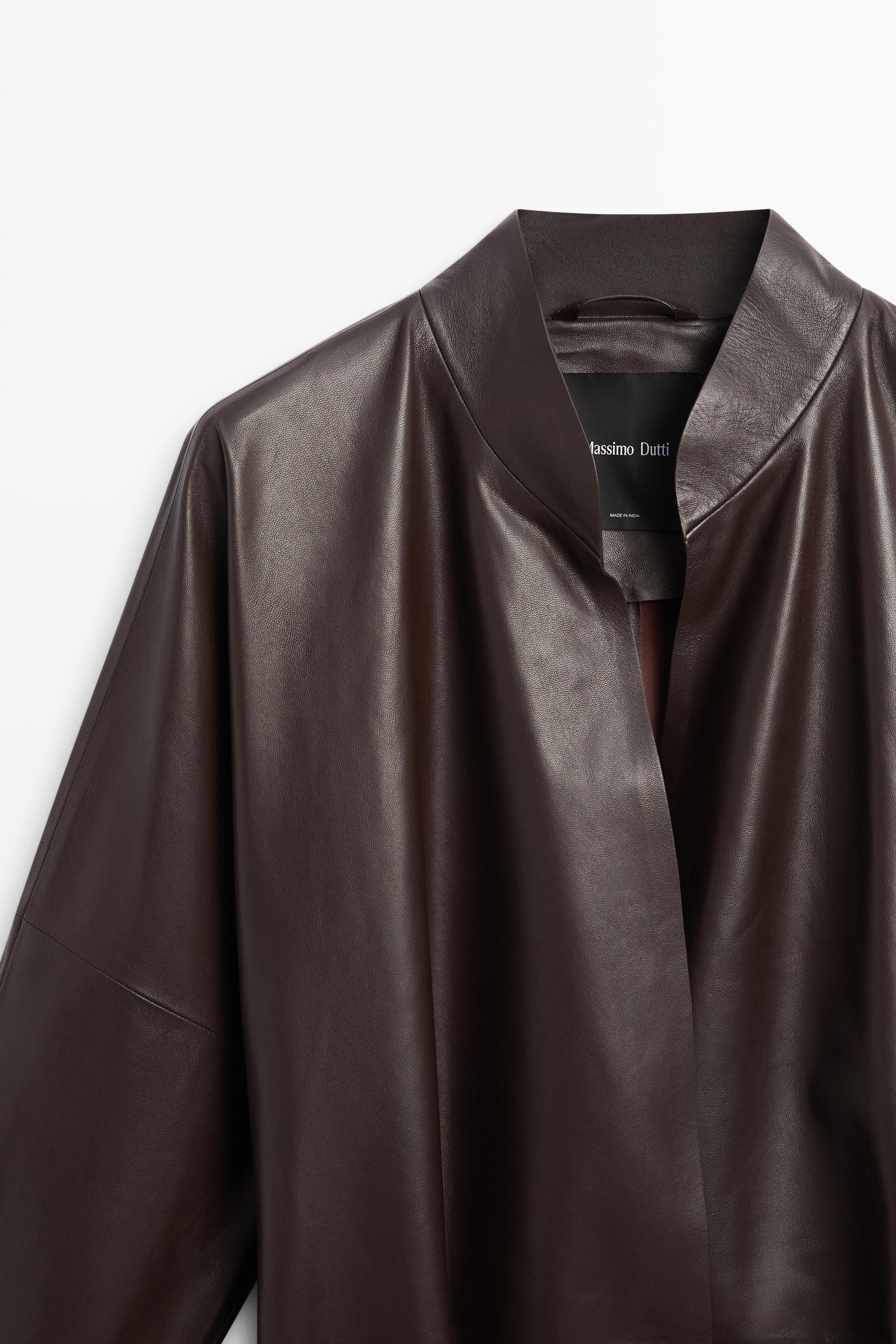 Wrap-front nappa leather jacket with tie detail — BROWN