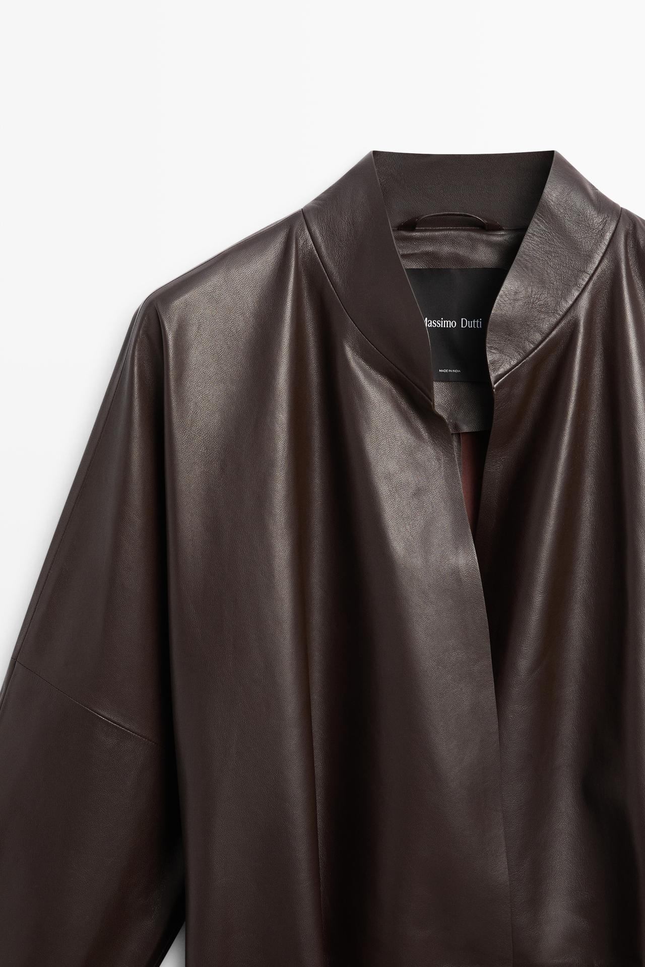 Wrap-front nappa leather jacket with tie detail — BROWN