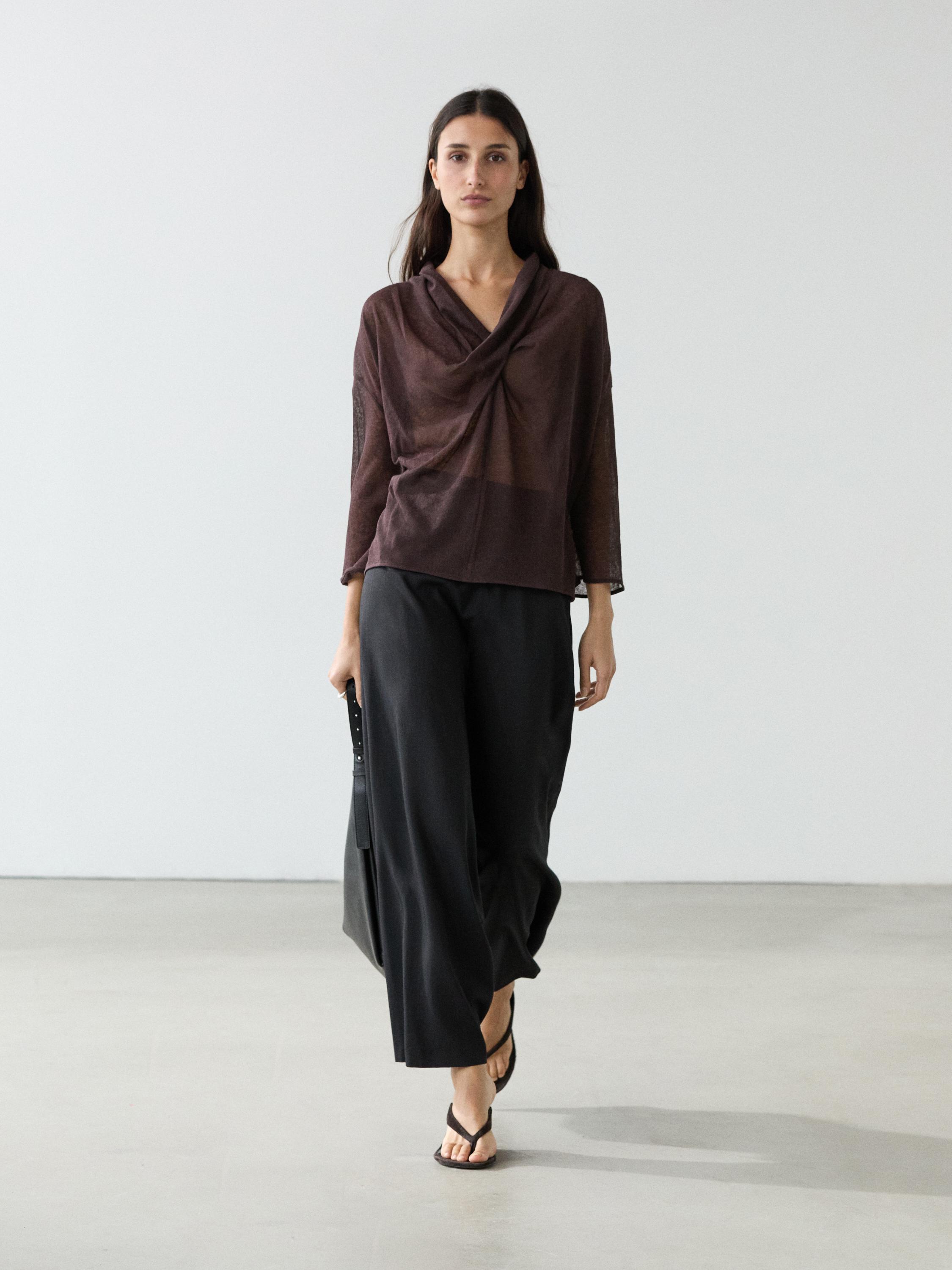 Linen blend shirt with cowl neckline — AUBERGINE