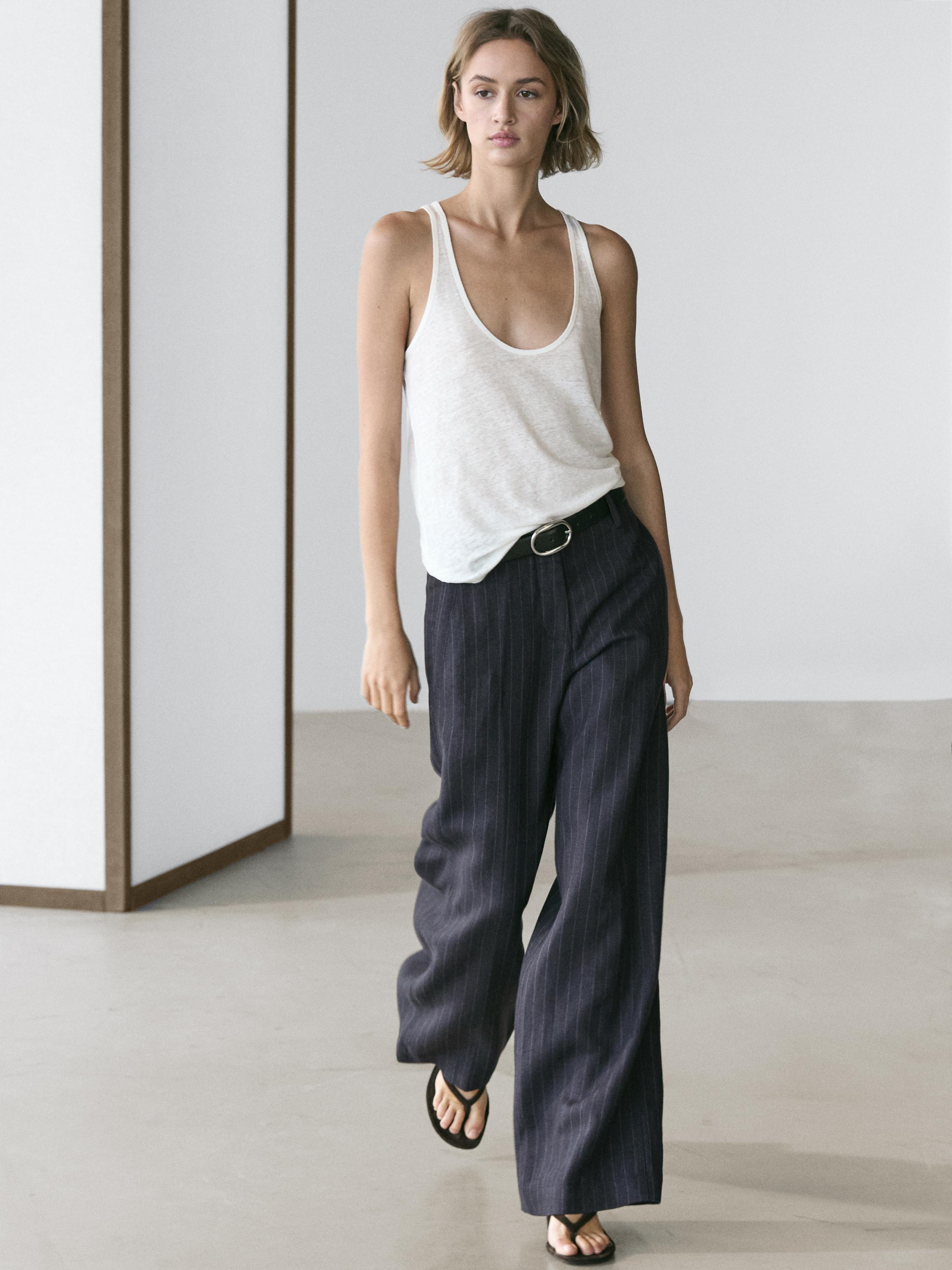 Keten ince çizgili geniş paça pantolon