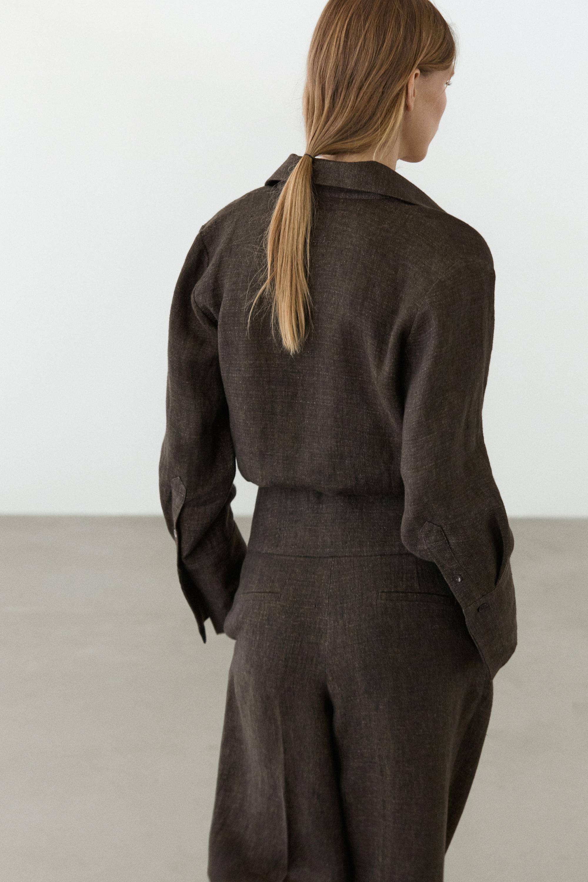 Total look melange linen overshirt — MOLE BROWN