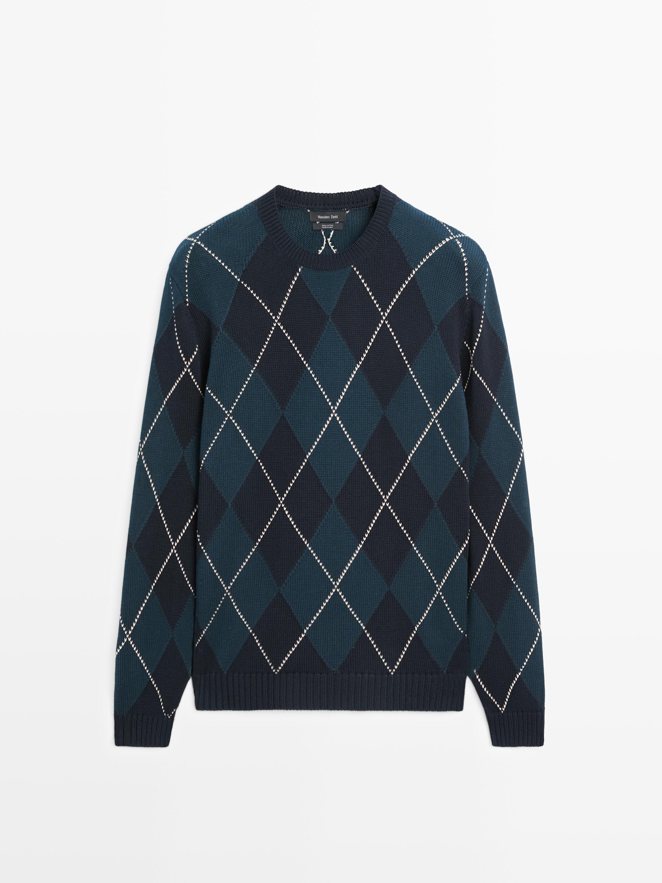 Cotton knit sweater with argyle detail — BLUE