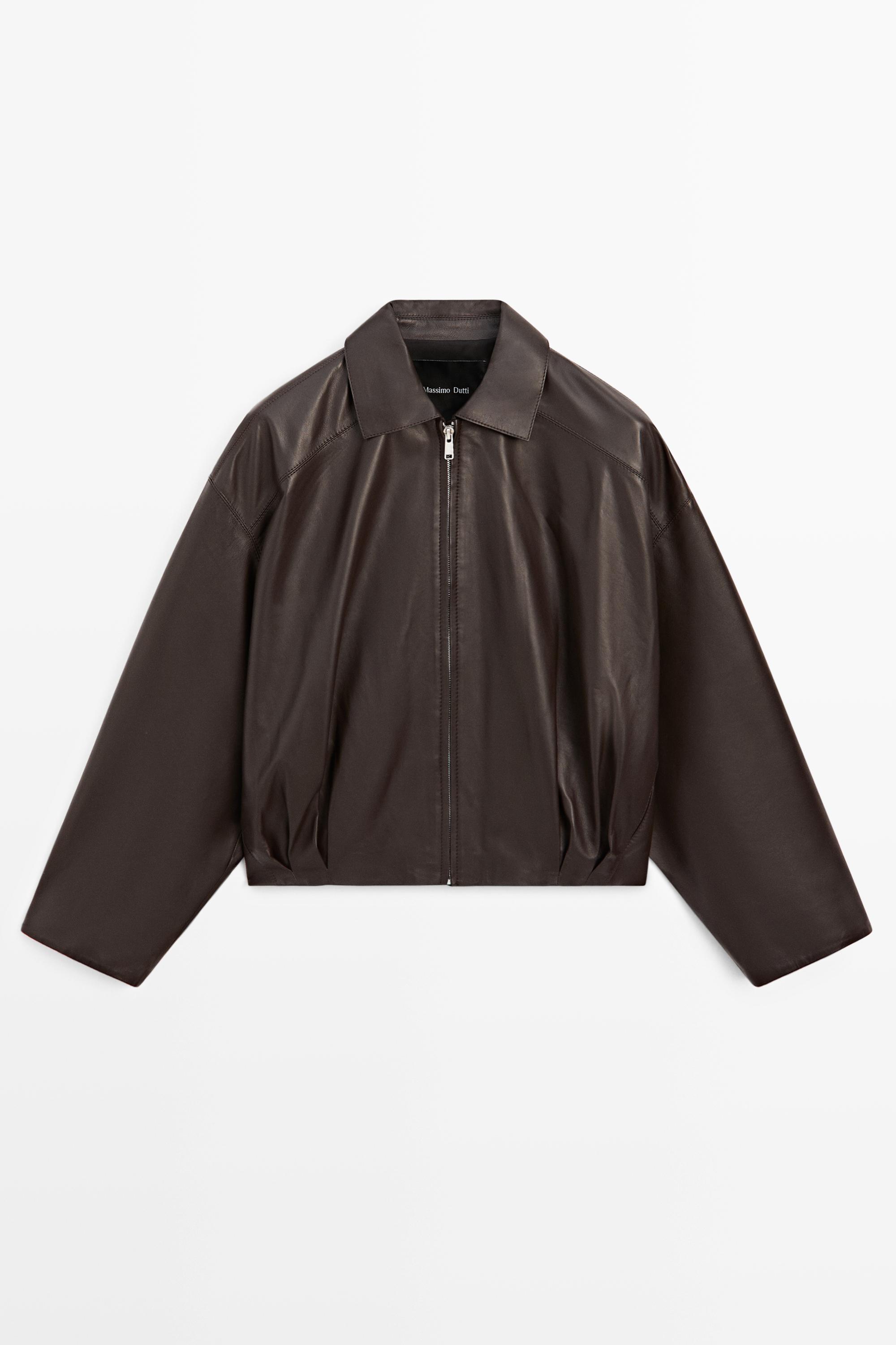 Nappa leather bomber jacket with pleat detail — BROWN