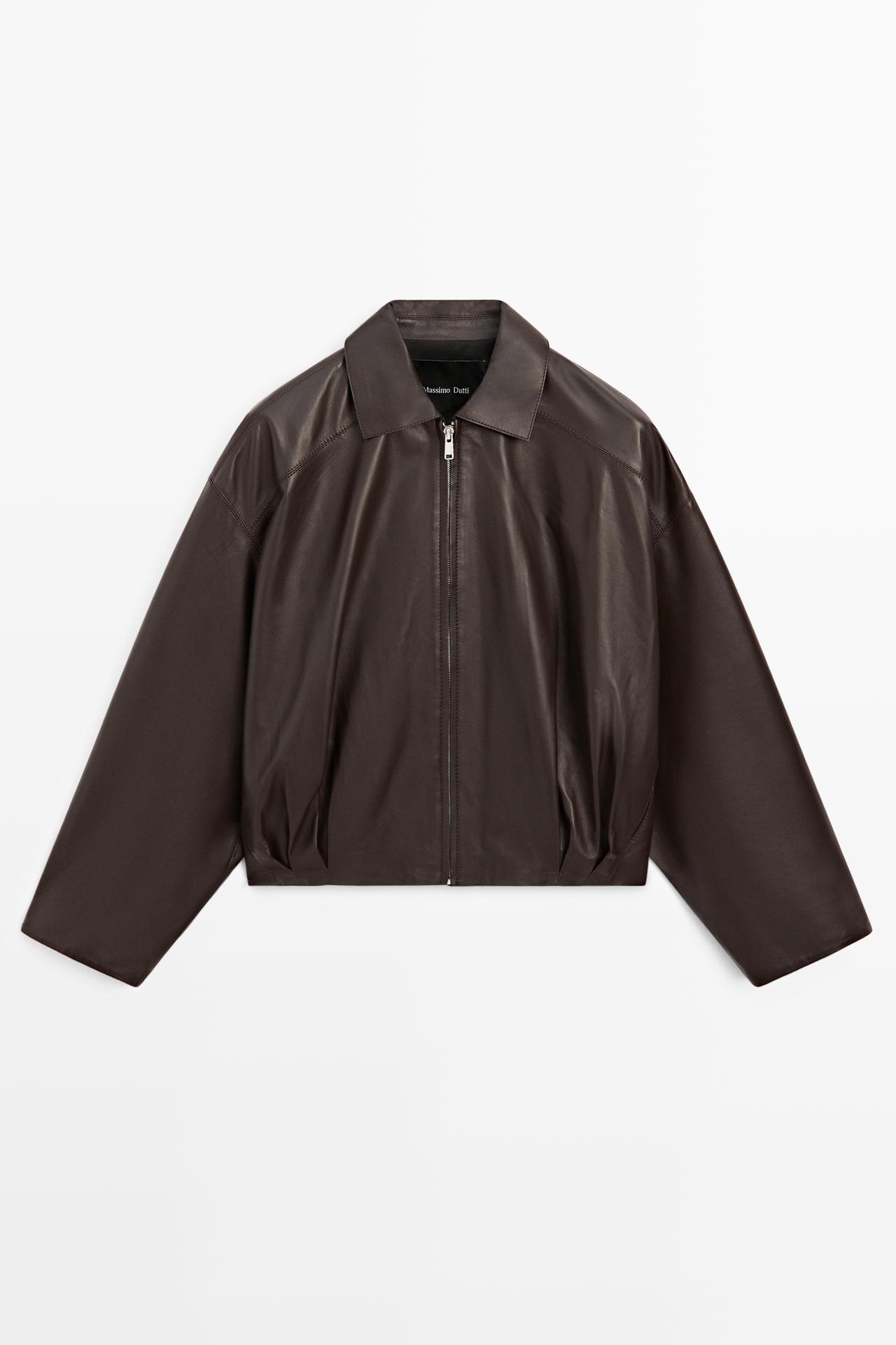 Nappa leather bomber jacket with pleat detail — BROWN