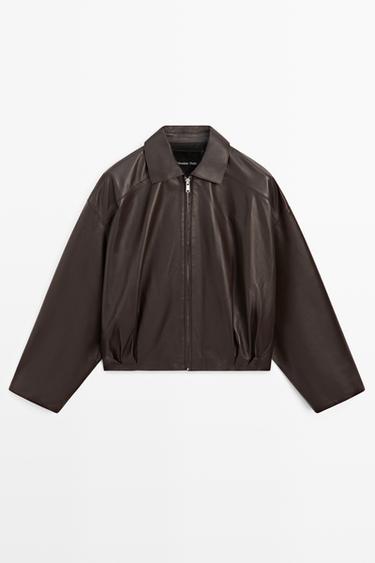 Nappa leather bomber jacket with pleat detail — BROWN 2