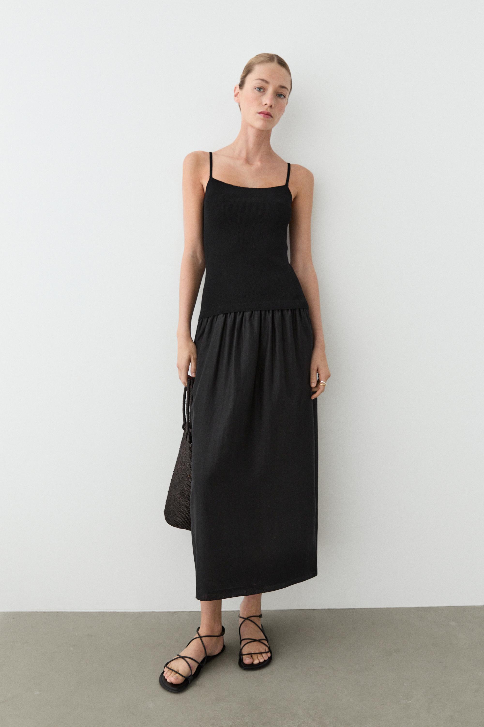 Combined strap midi dress — BLACK