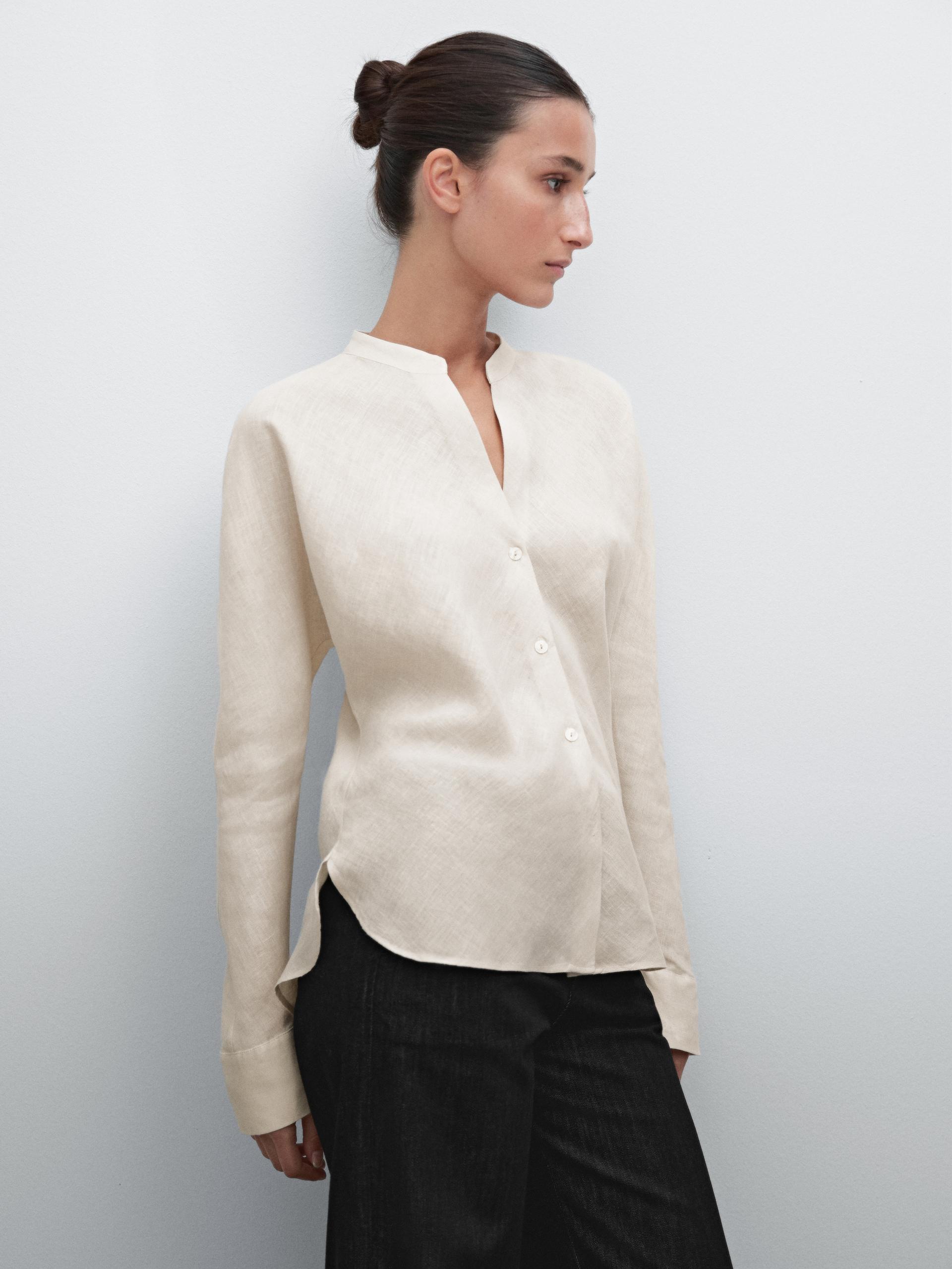 Camicia Morbida Con Collo Alla Coreana In Lino - Pietra - S - Massimo Dutti - Femminile