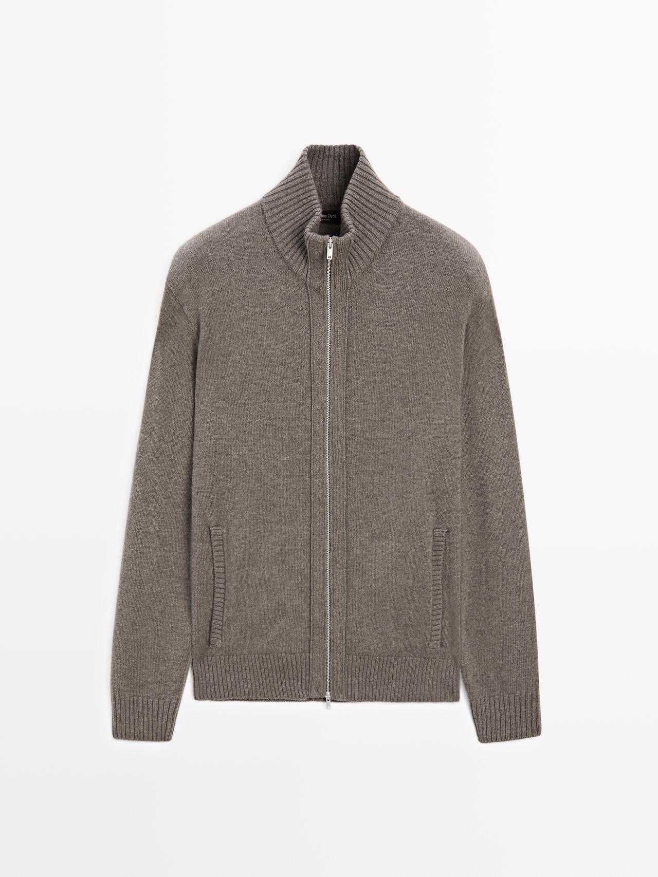 Massimo Dutti - Herre - Cardigan I Uldblanding Med Lynlåsdetalje - Kaki - Xxl