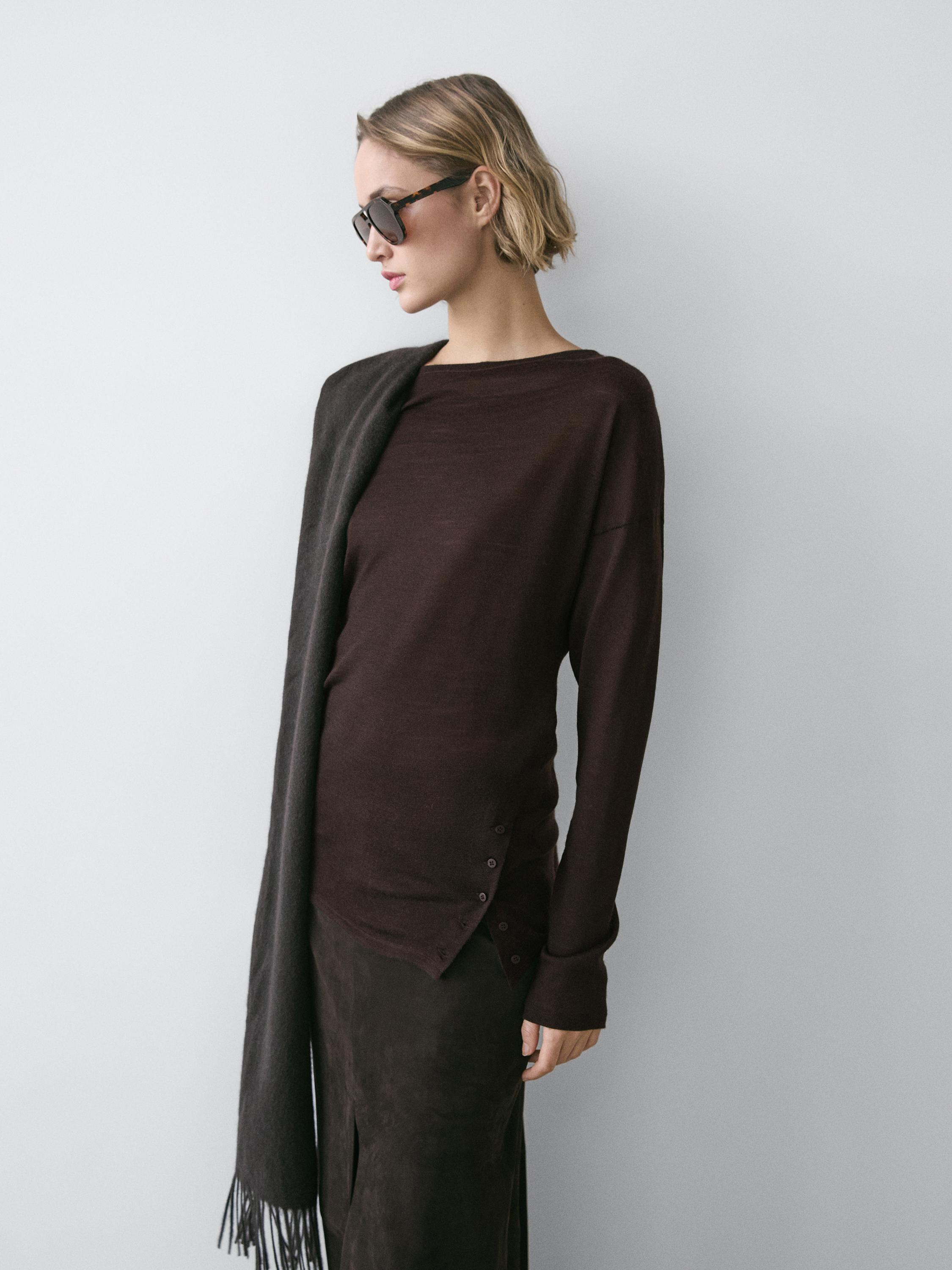 Draped wool blend top with batwing sleeves