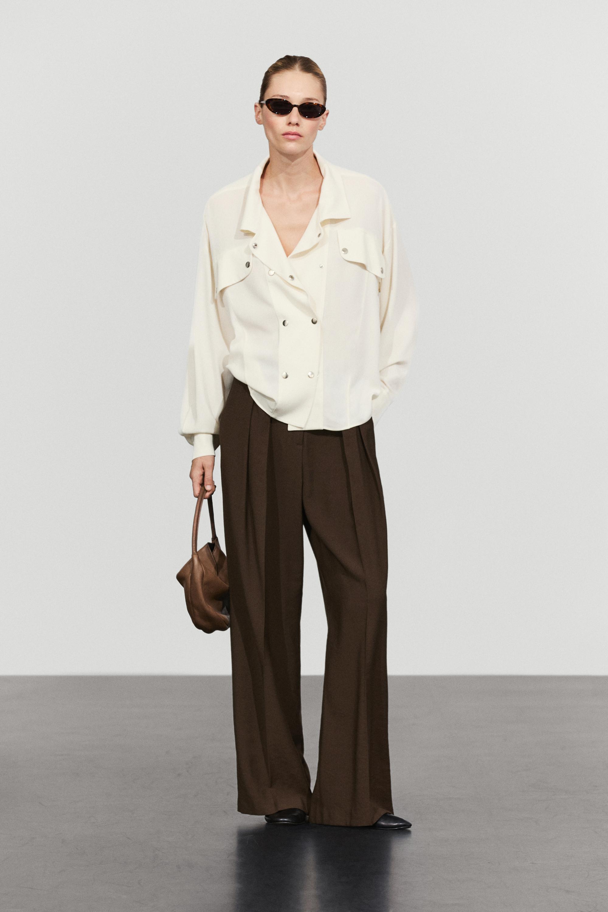 Snap-button stand collar shirt — CREAM