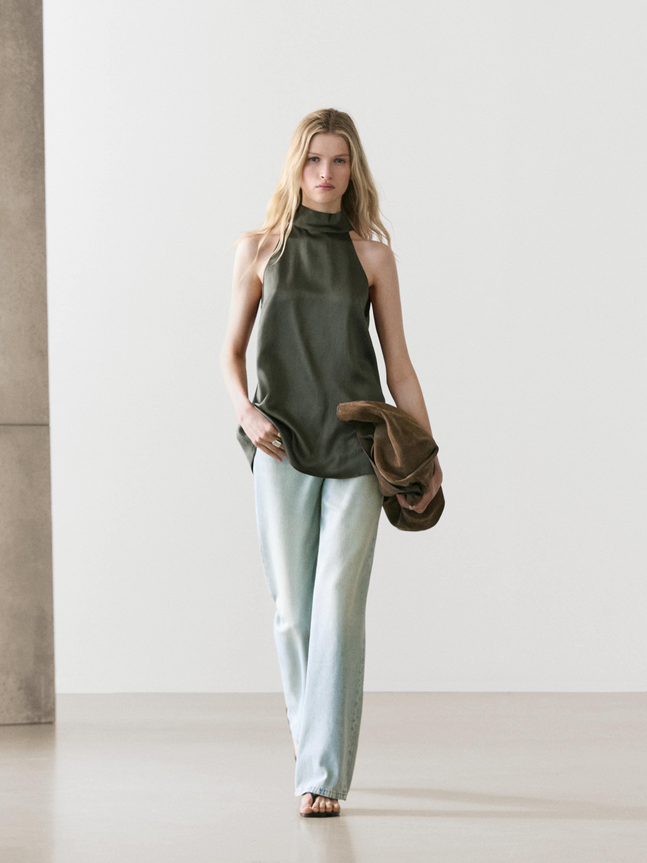 Satin halter top with tie detail — BLUISH GREEN