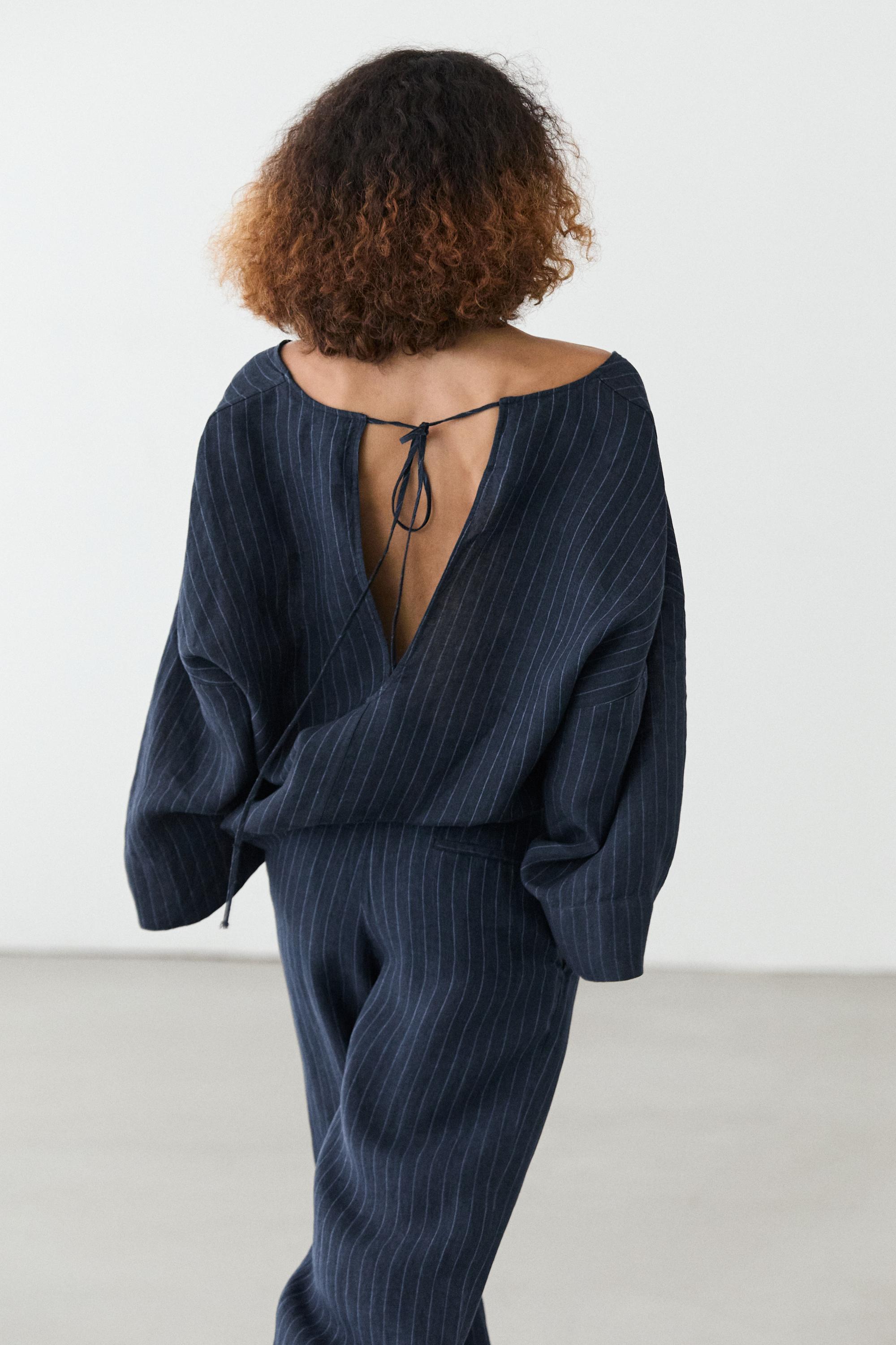 Striped linen blouse with back detail — DARK BLUE