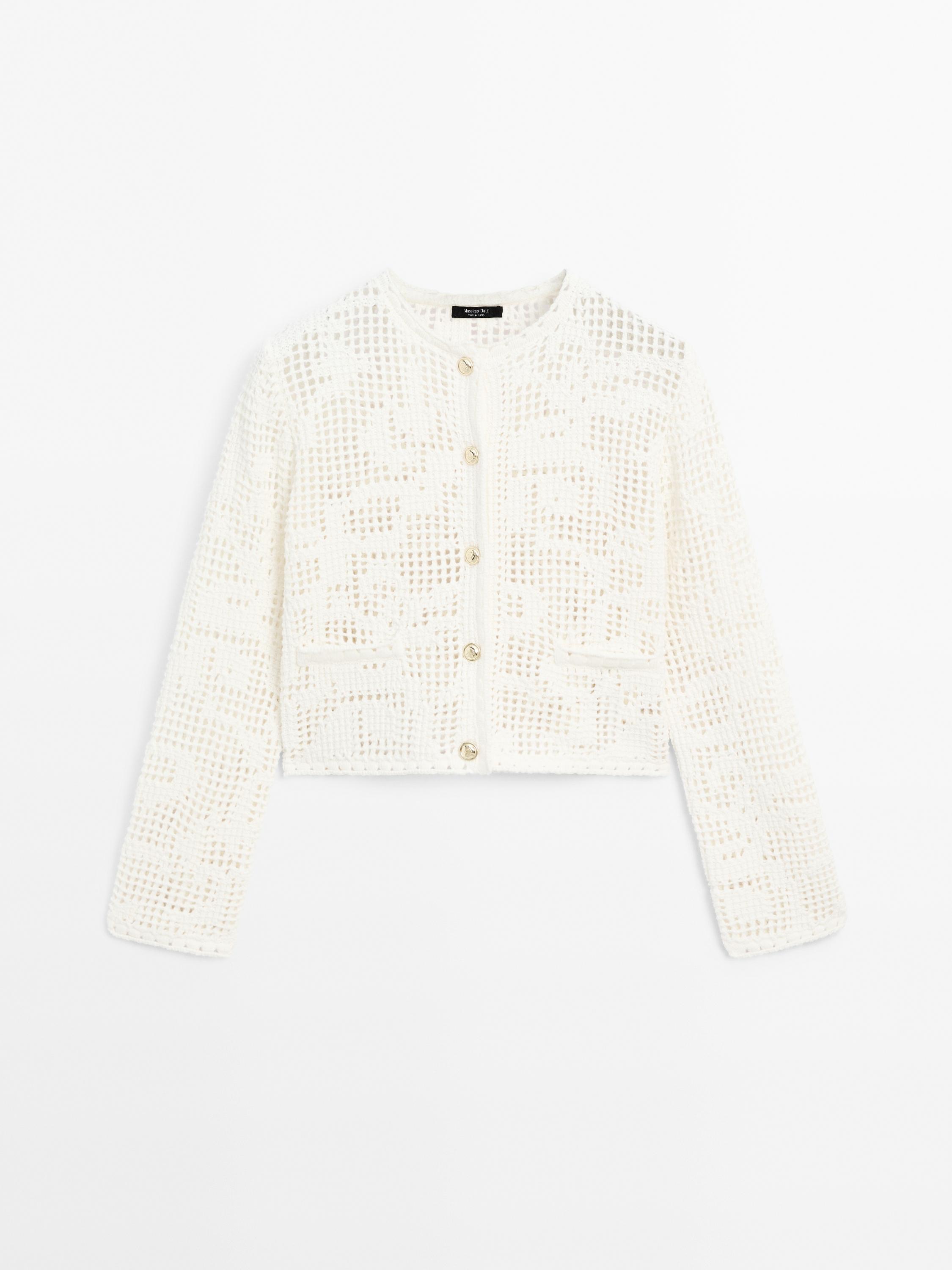 Crochet cardigan with rhinestone buttons