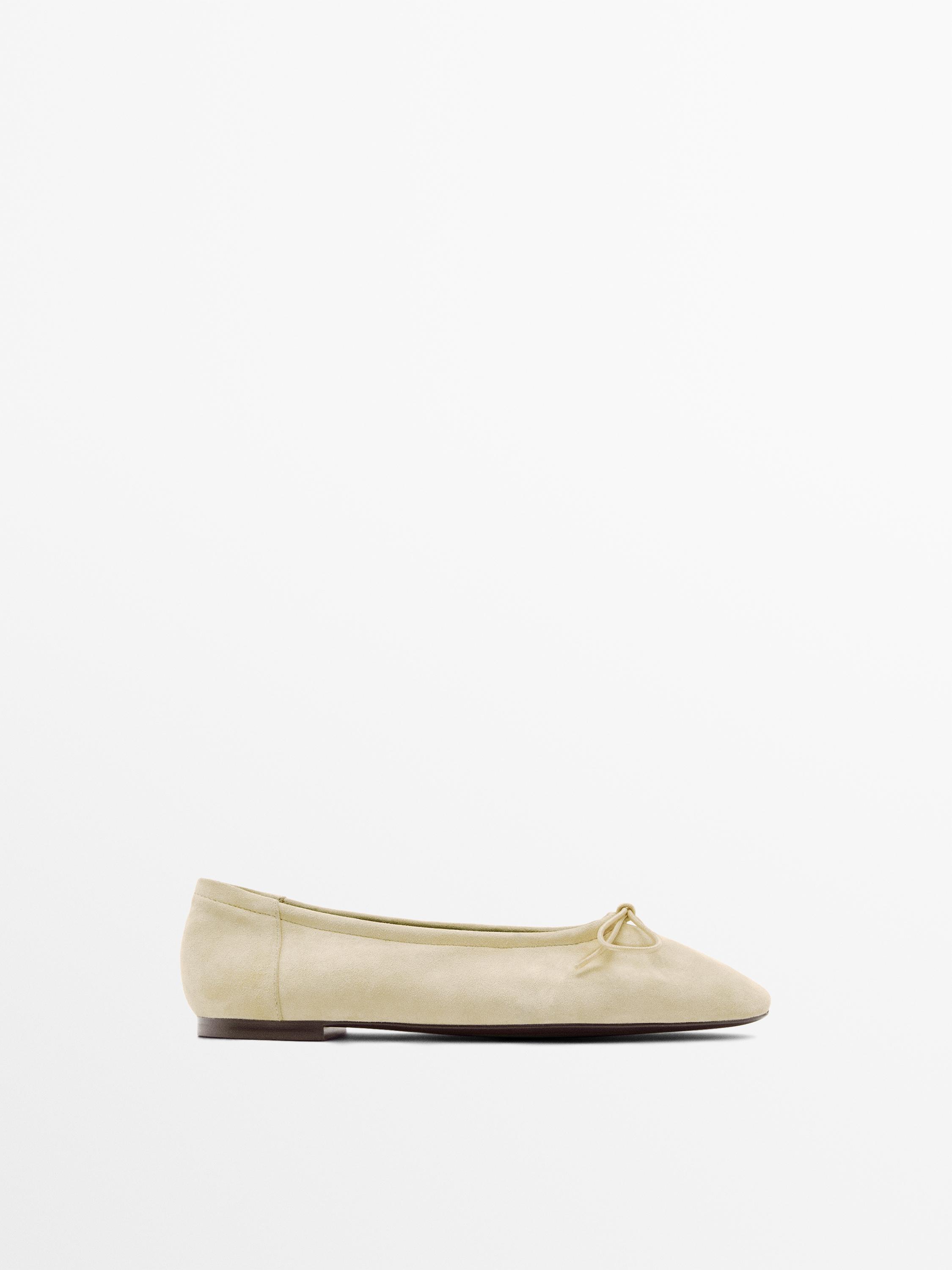Gathered ballet flats with bow — BEIGE