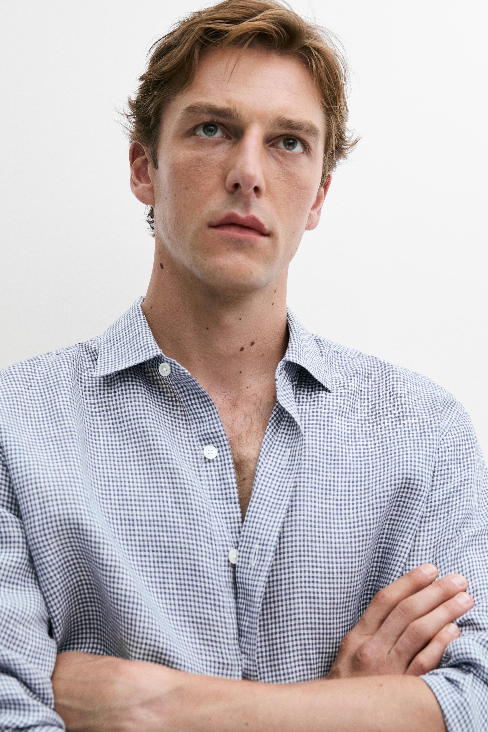 100% linen regular fit gingham shirt — NAVY BLUE
