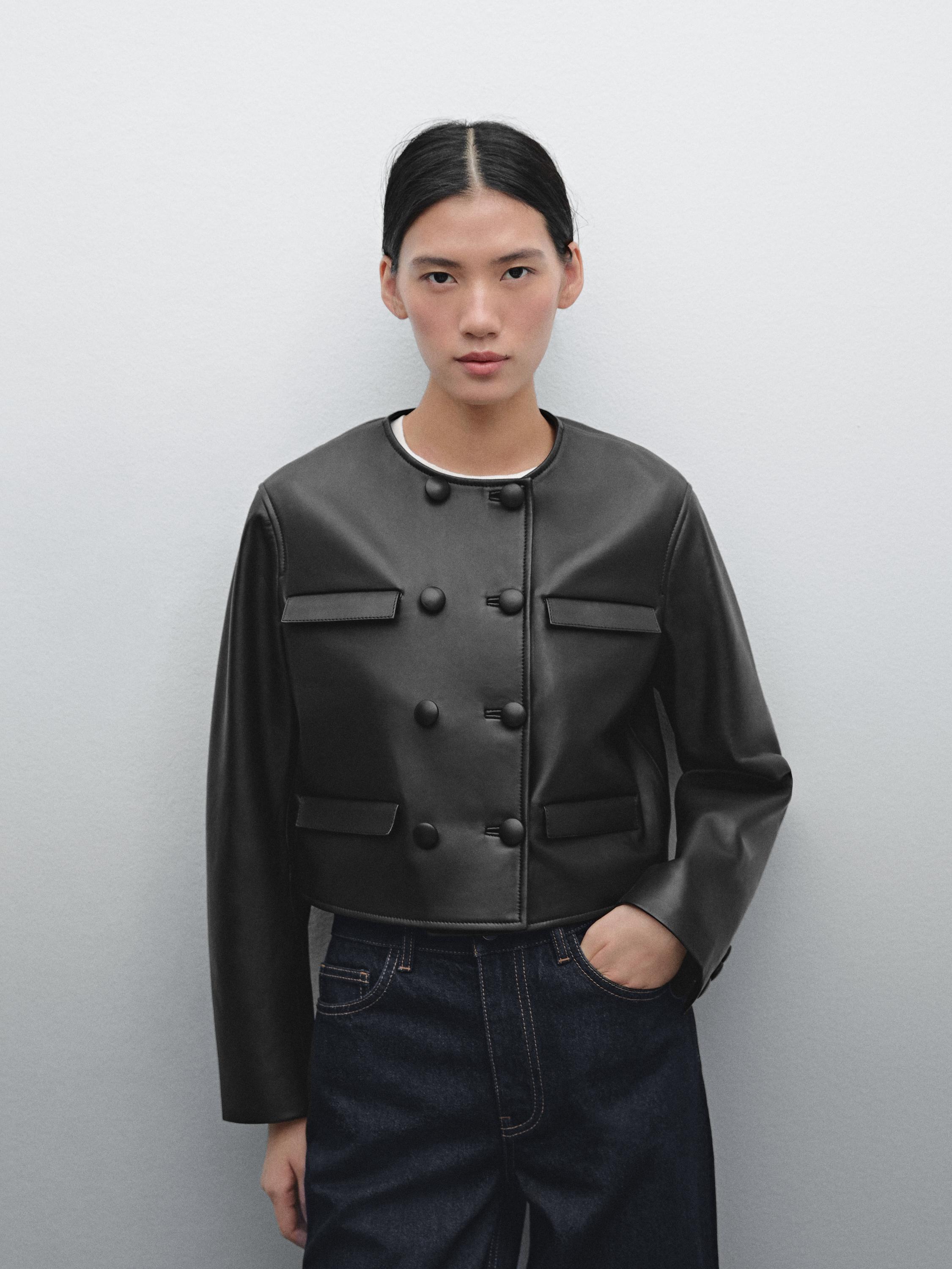 Cropped leather button jacket