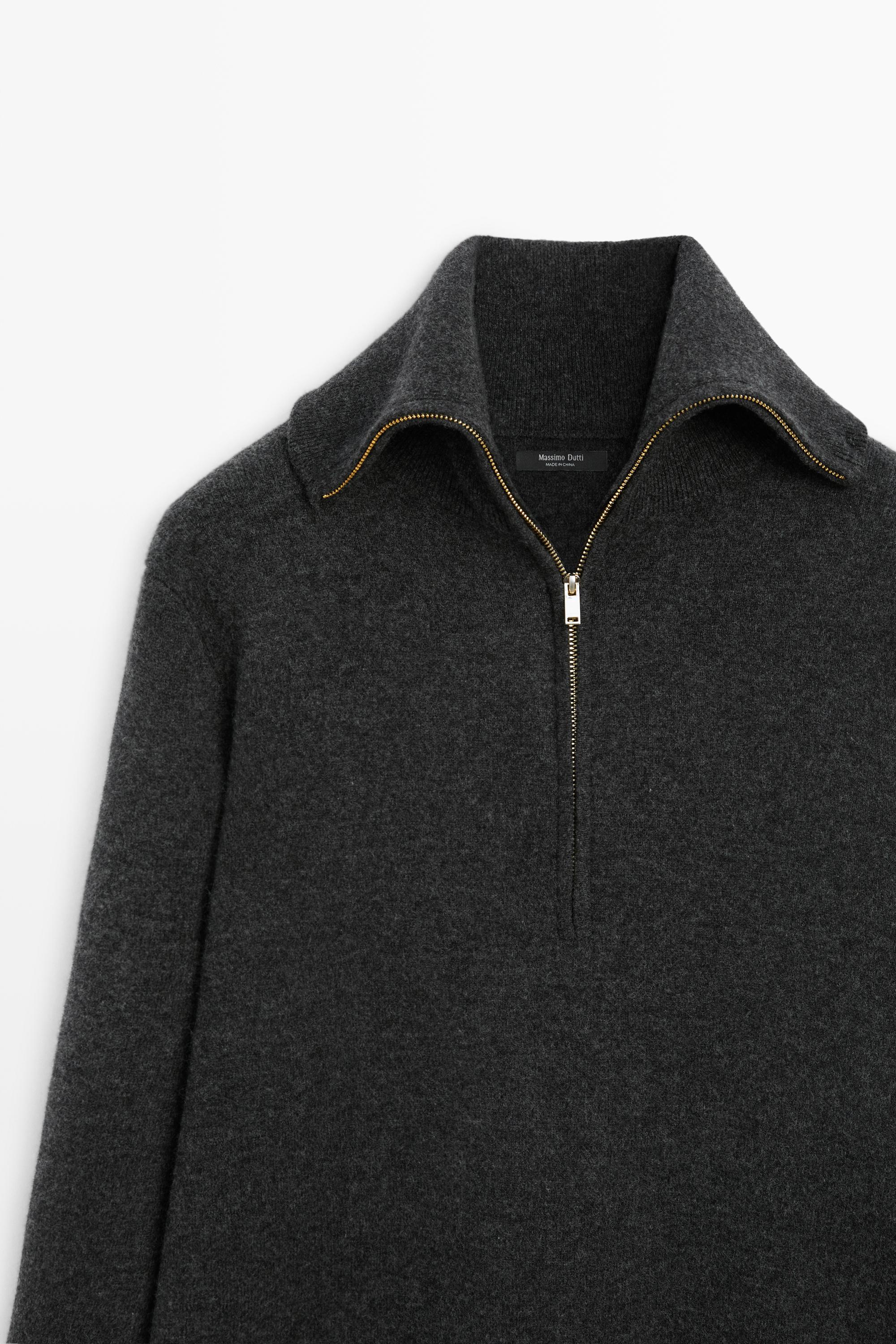 Wide collar zip-up knit sweater — ANTHRACITE GREY