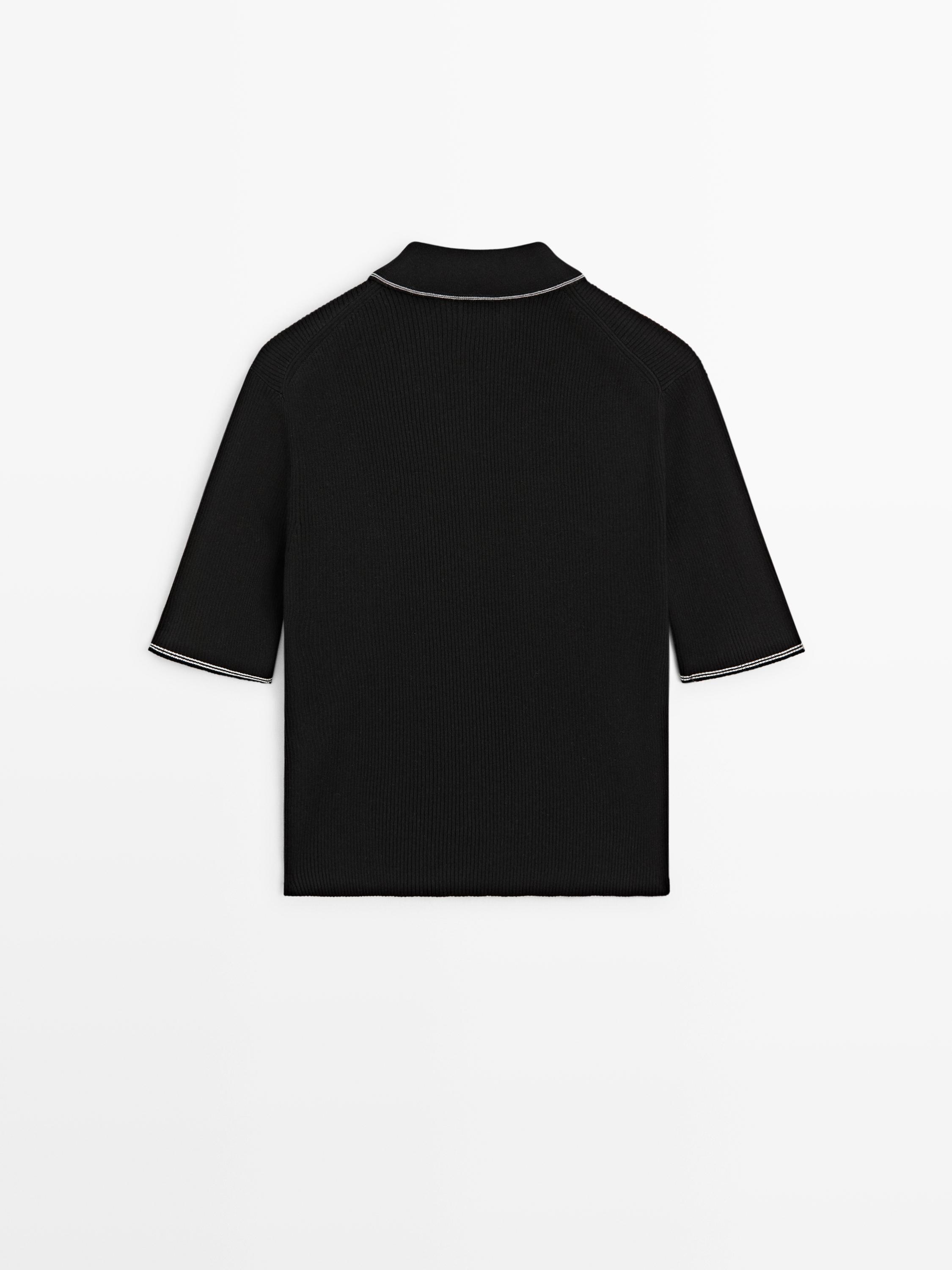 Cotton knit polo shirt with contrast detail — BLACK
