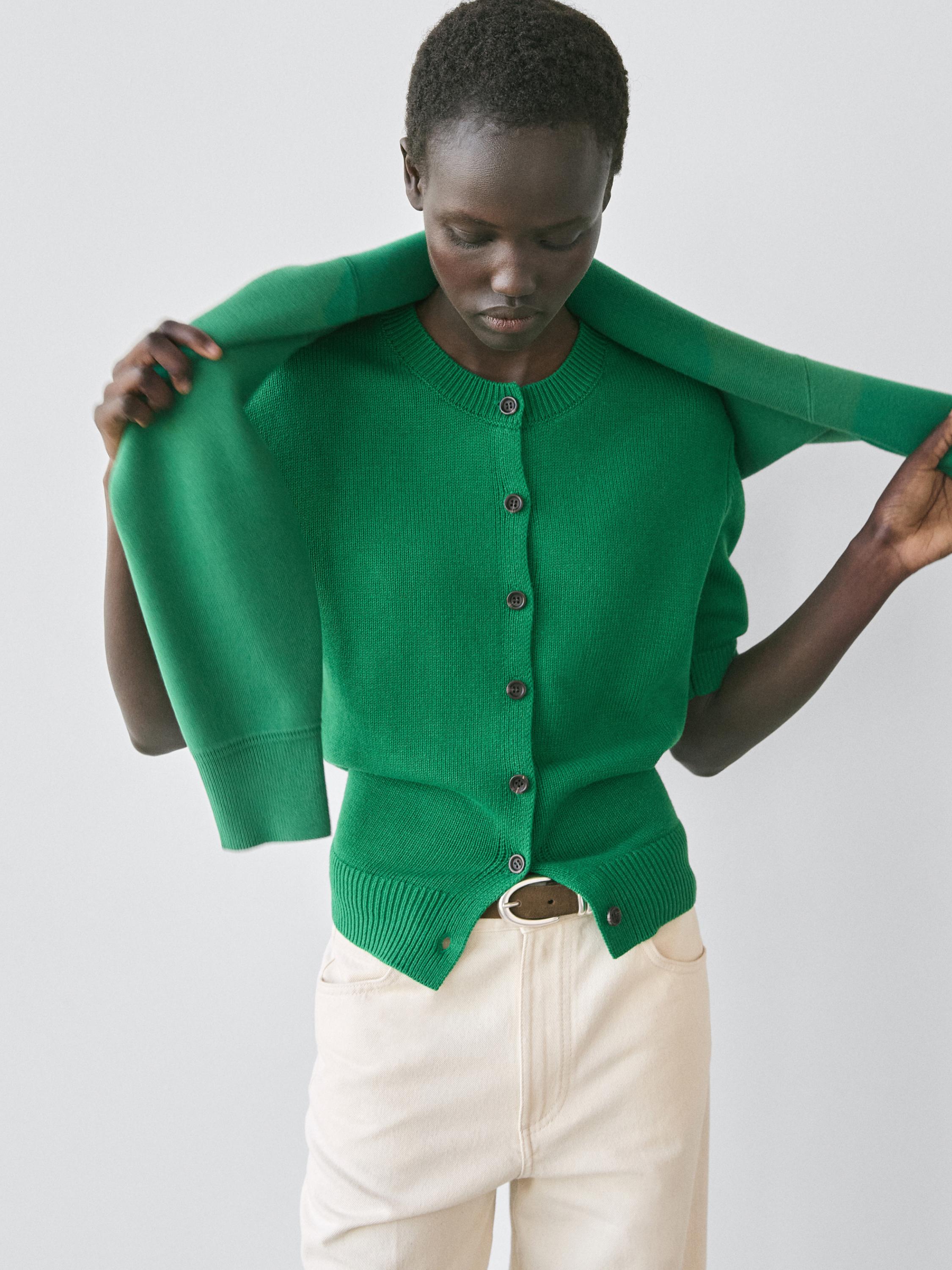 Cotton blend short sleeve knit cardigan — GREEN