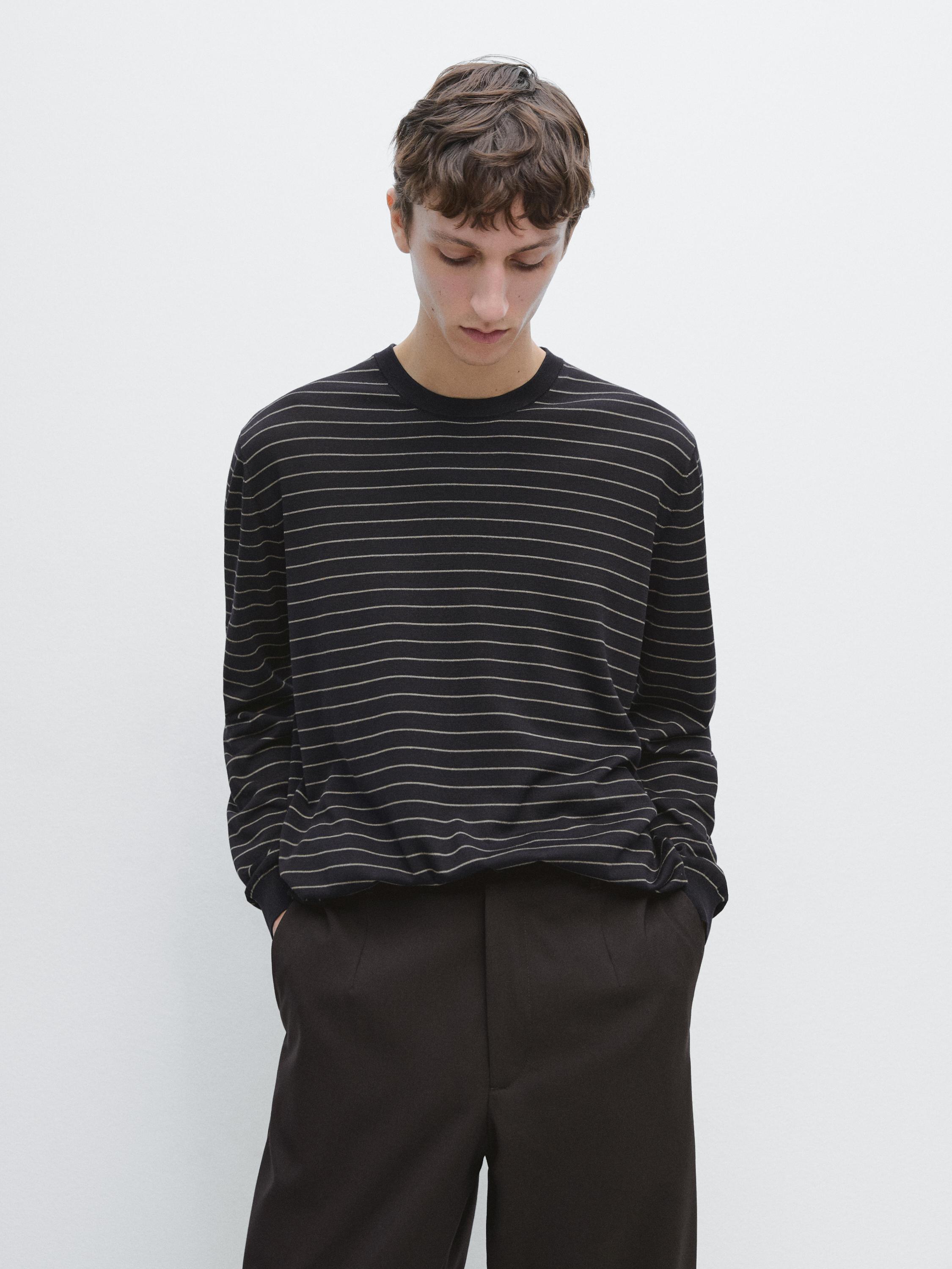 Striped long sleeve knit sweater — NAVY BLUE