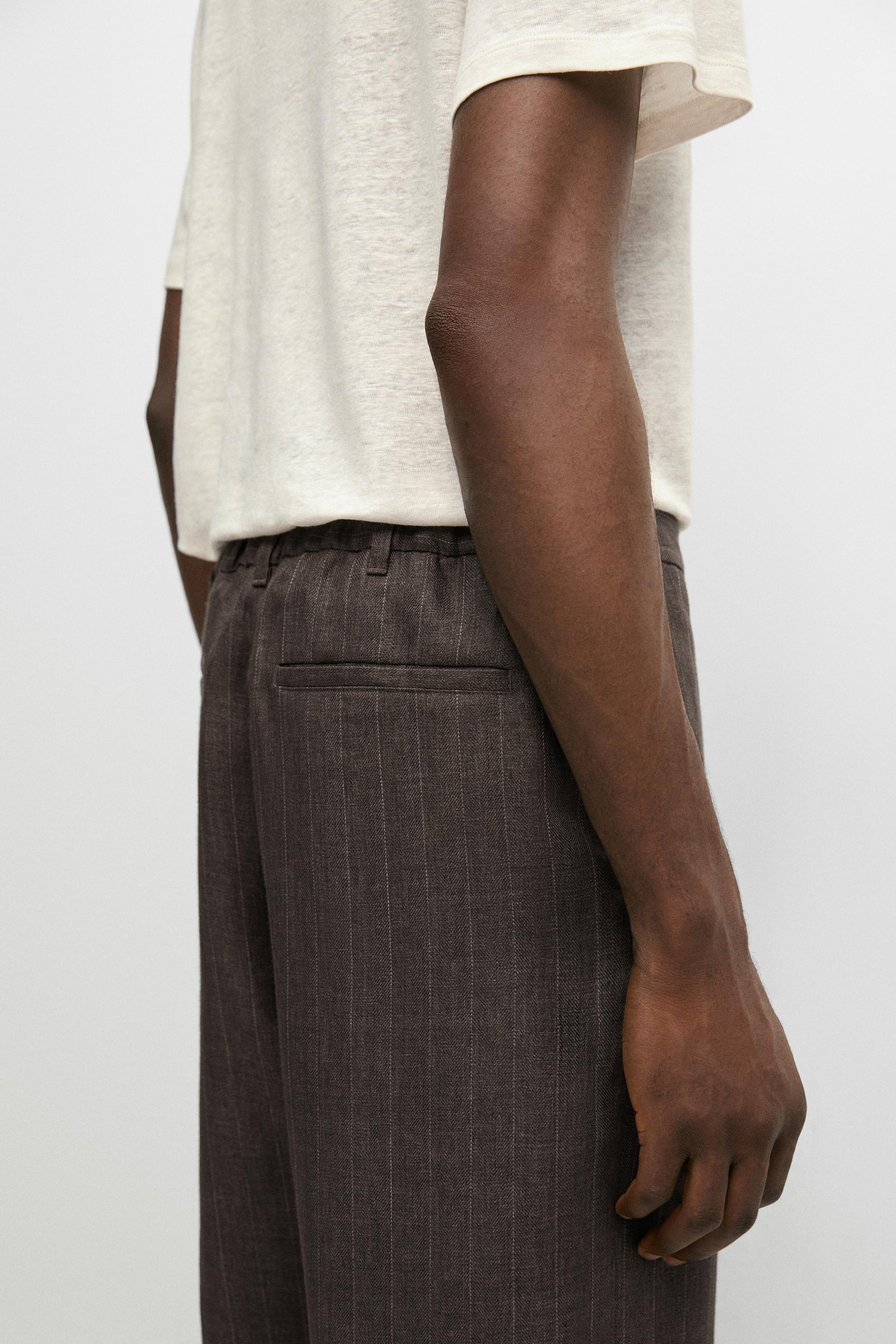 100% linen striped straight-leg pants — BROWN