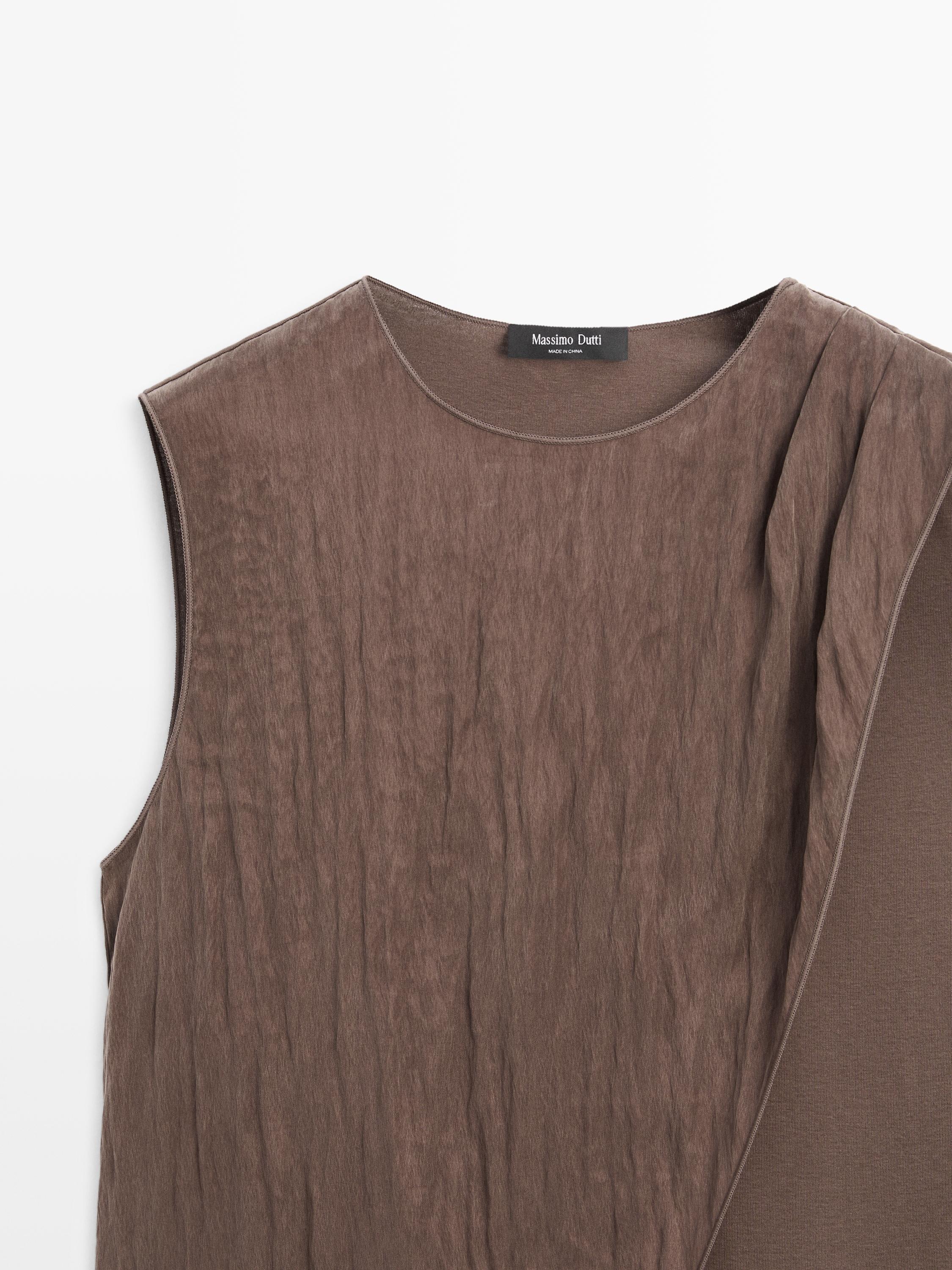 Crossover top with shoulder scarf detail — BROWN