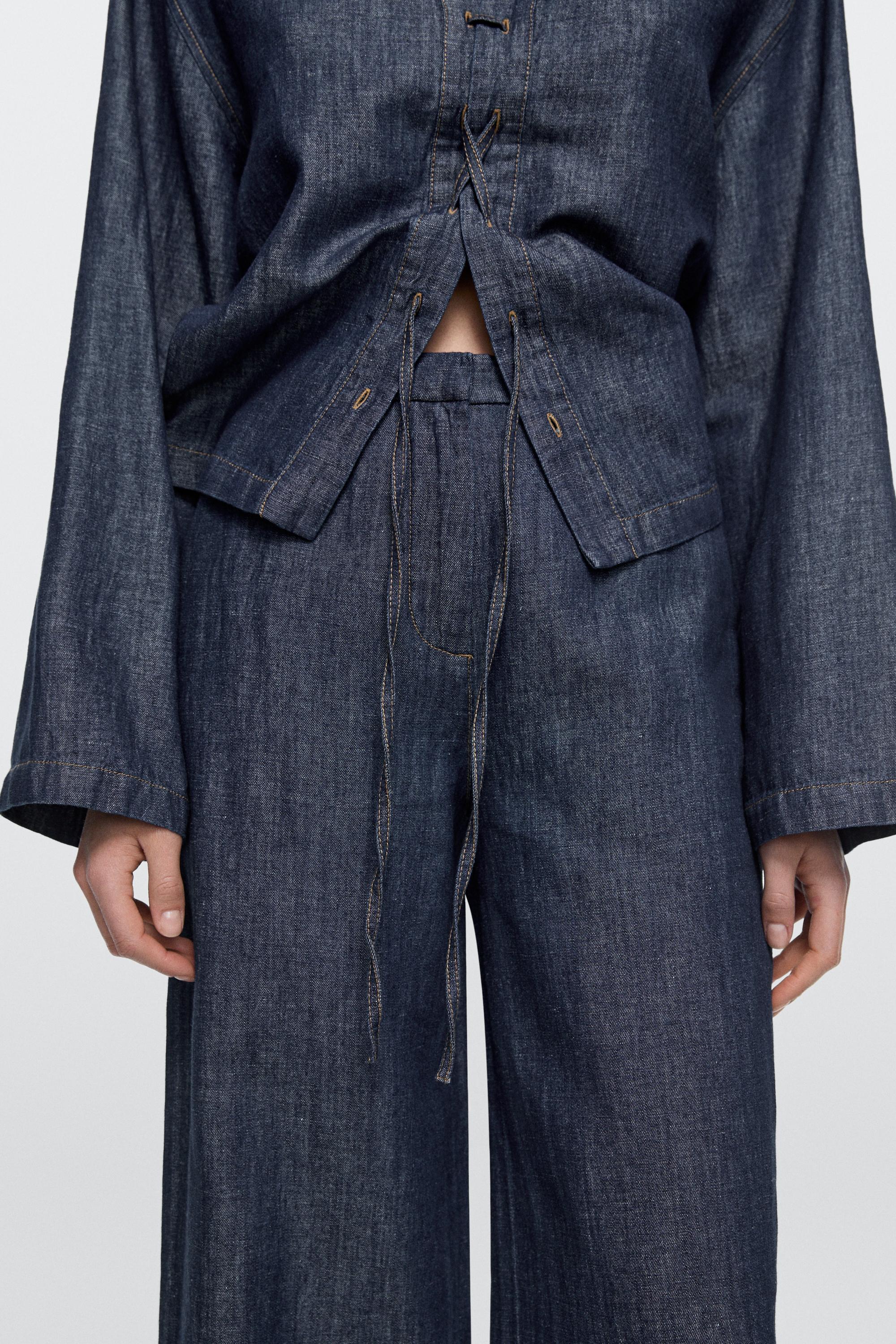 Total look linen blend wide-leg jeans — DARK BLUE