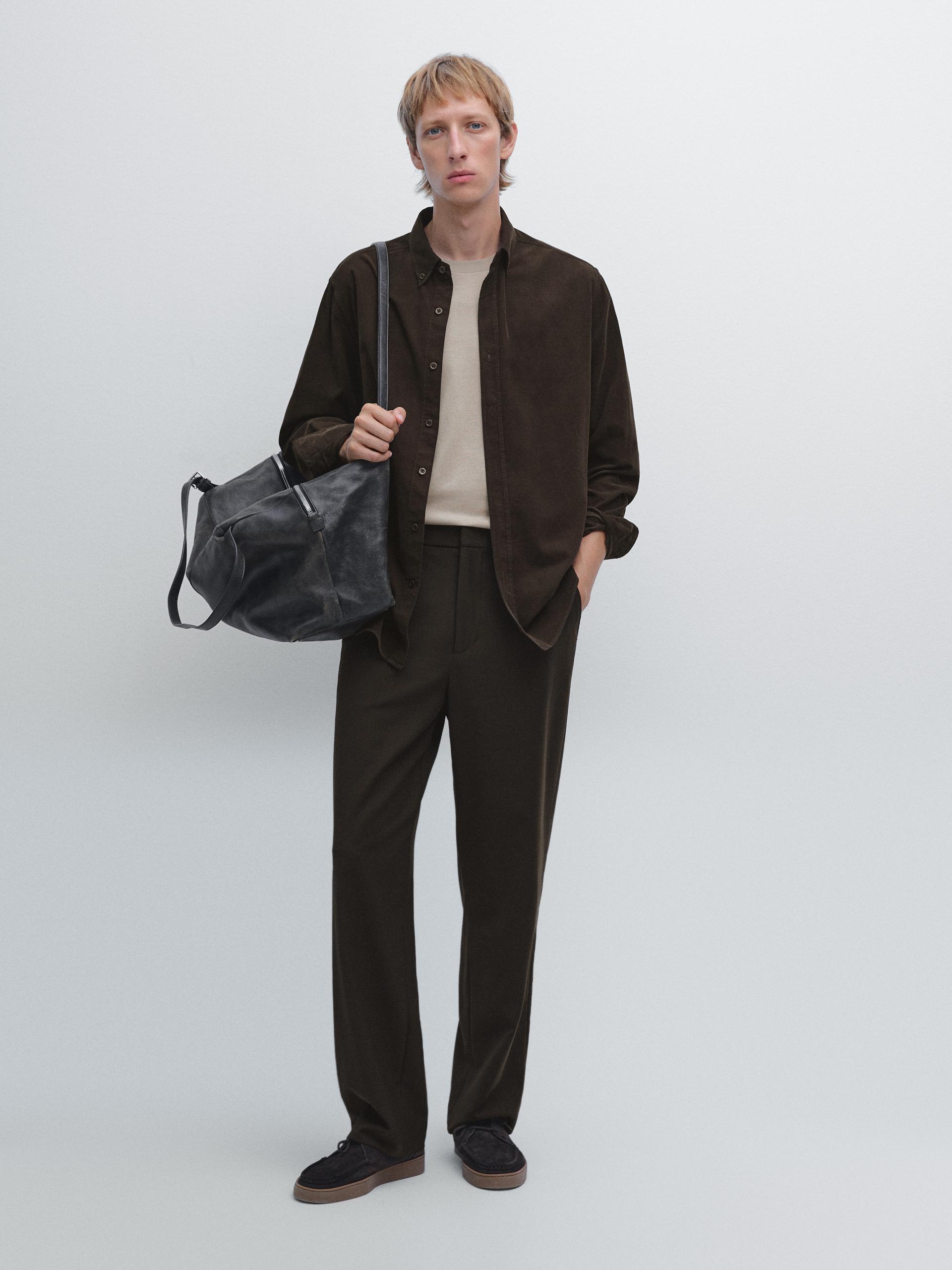 Camisa De Bombazina Fina Regular Fit - Castanho - L - Massimo Dutti - Homem