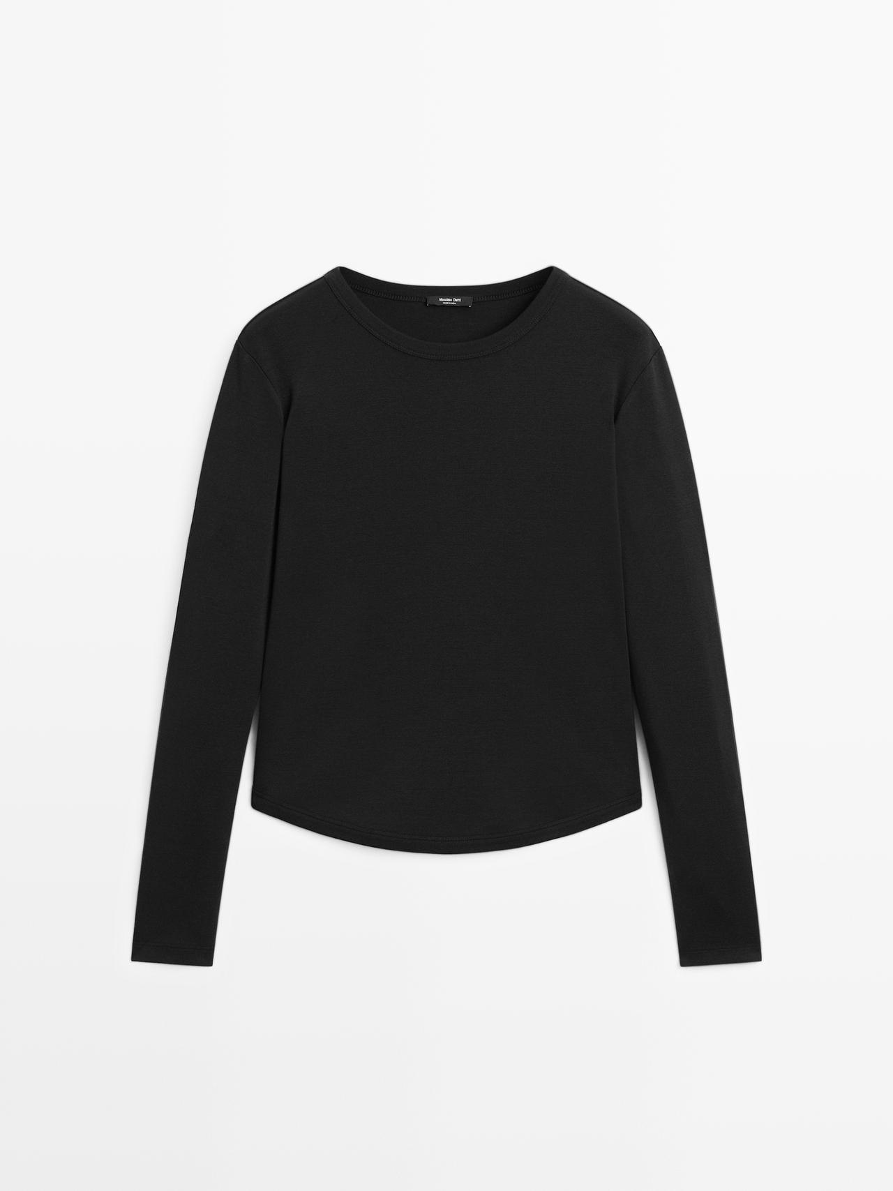 Massimo Dutti - Dames - T-Shirt Met Lange Mouw En Afgeronde Zoom - Zwart - M