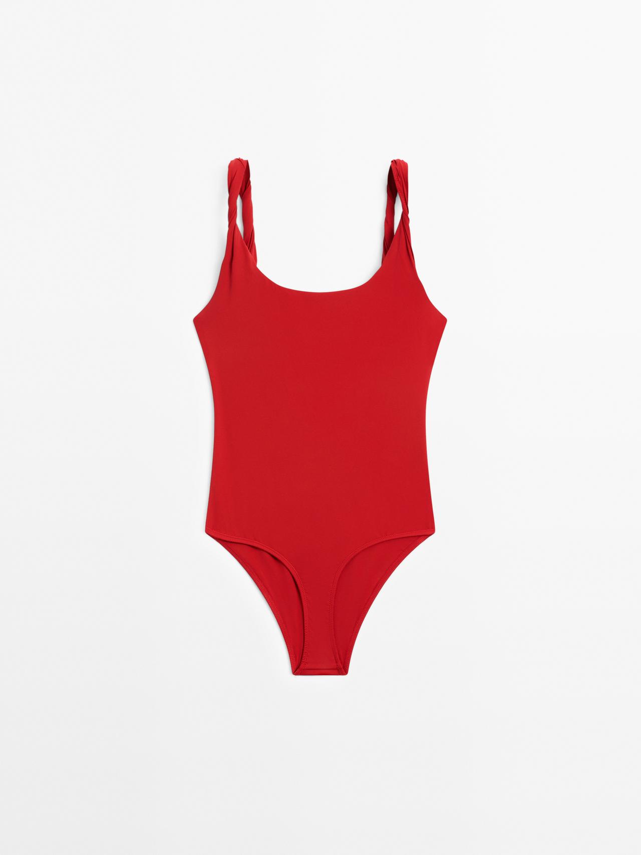 Massimo Dutti - Dame - Badedragt Med Rullede Stropper - Rød - M