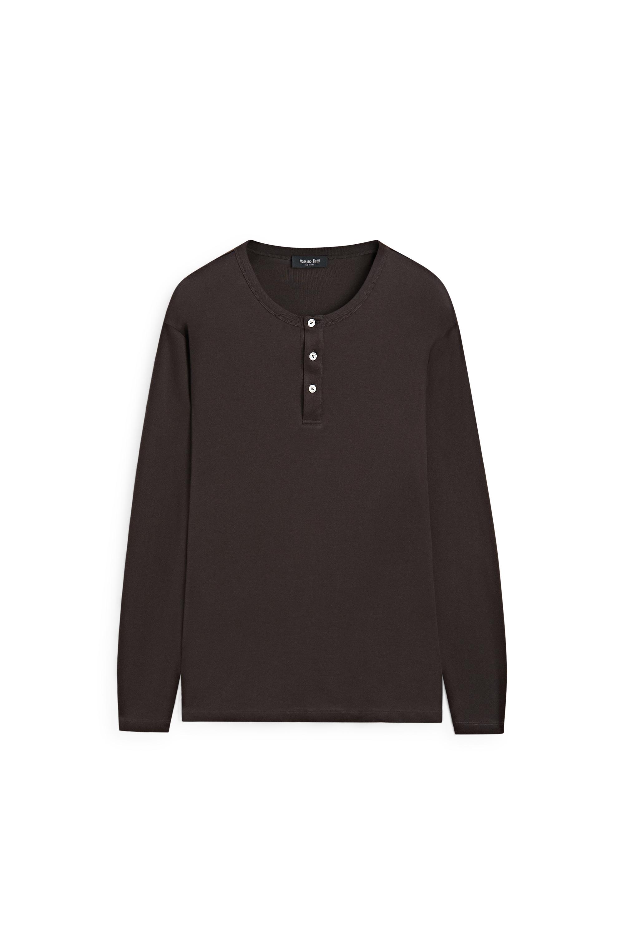 100% cotton long sleeve henley T-shirt — Chocolate