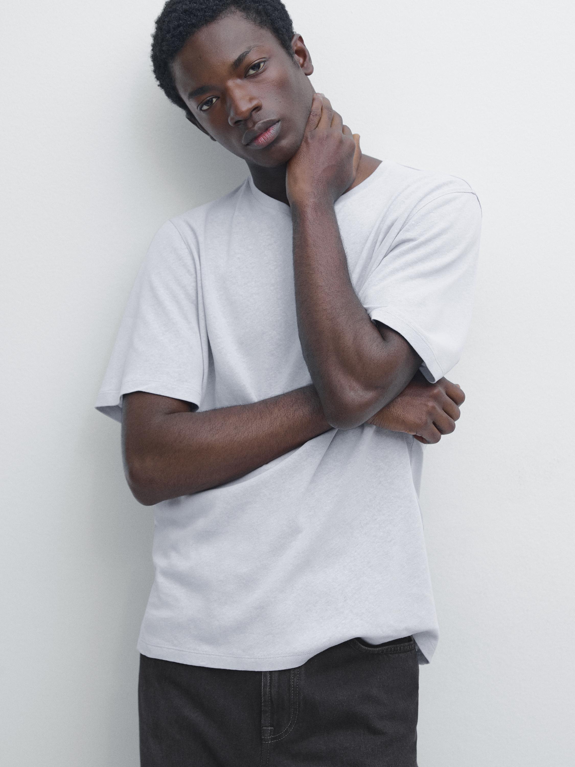 Short sleeve linen and cotton T-shirt — Light Blue