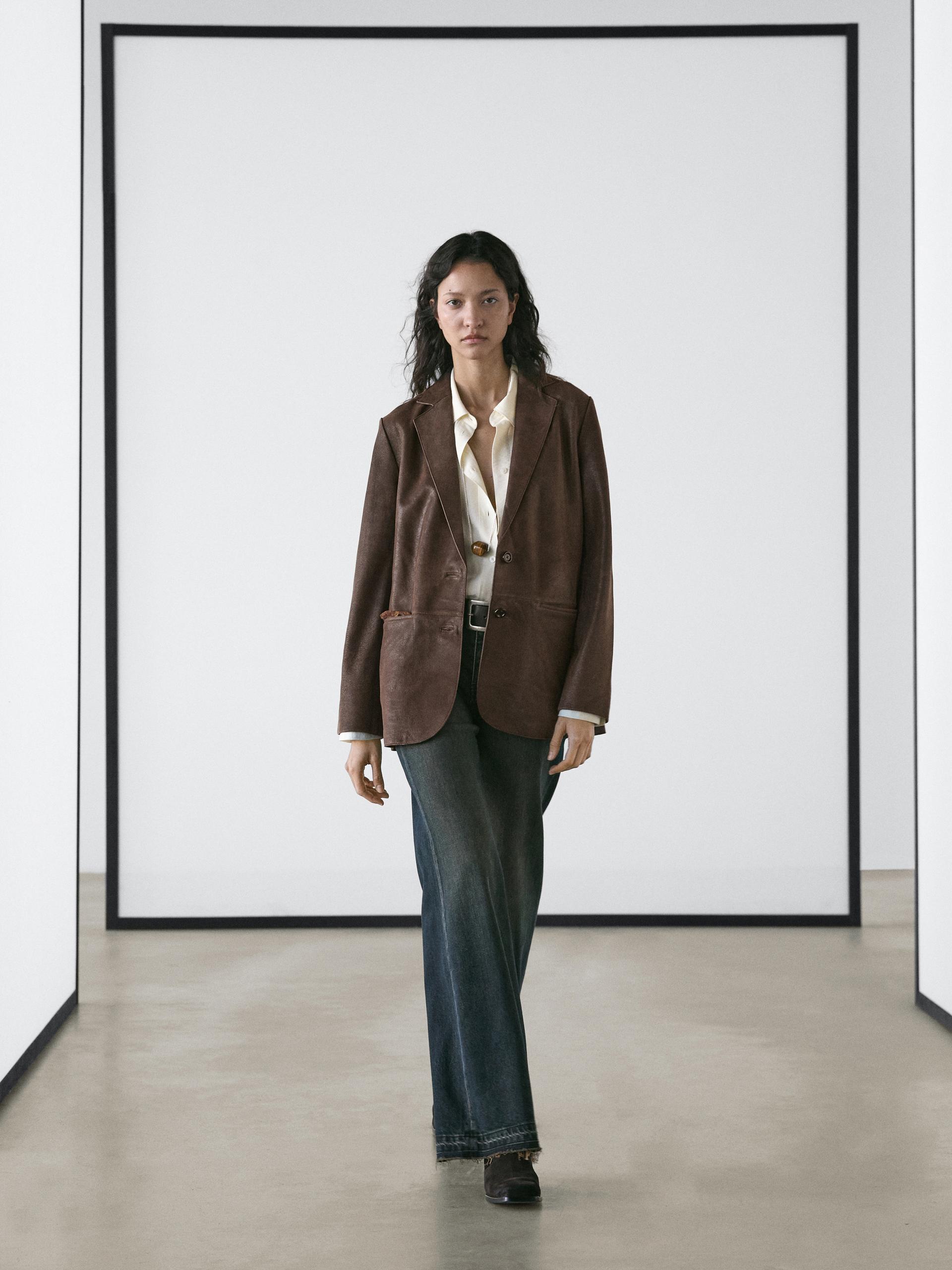 Blazer Revers 100% Cuir Daim - Marron - M - Massimo Dutti - Femme