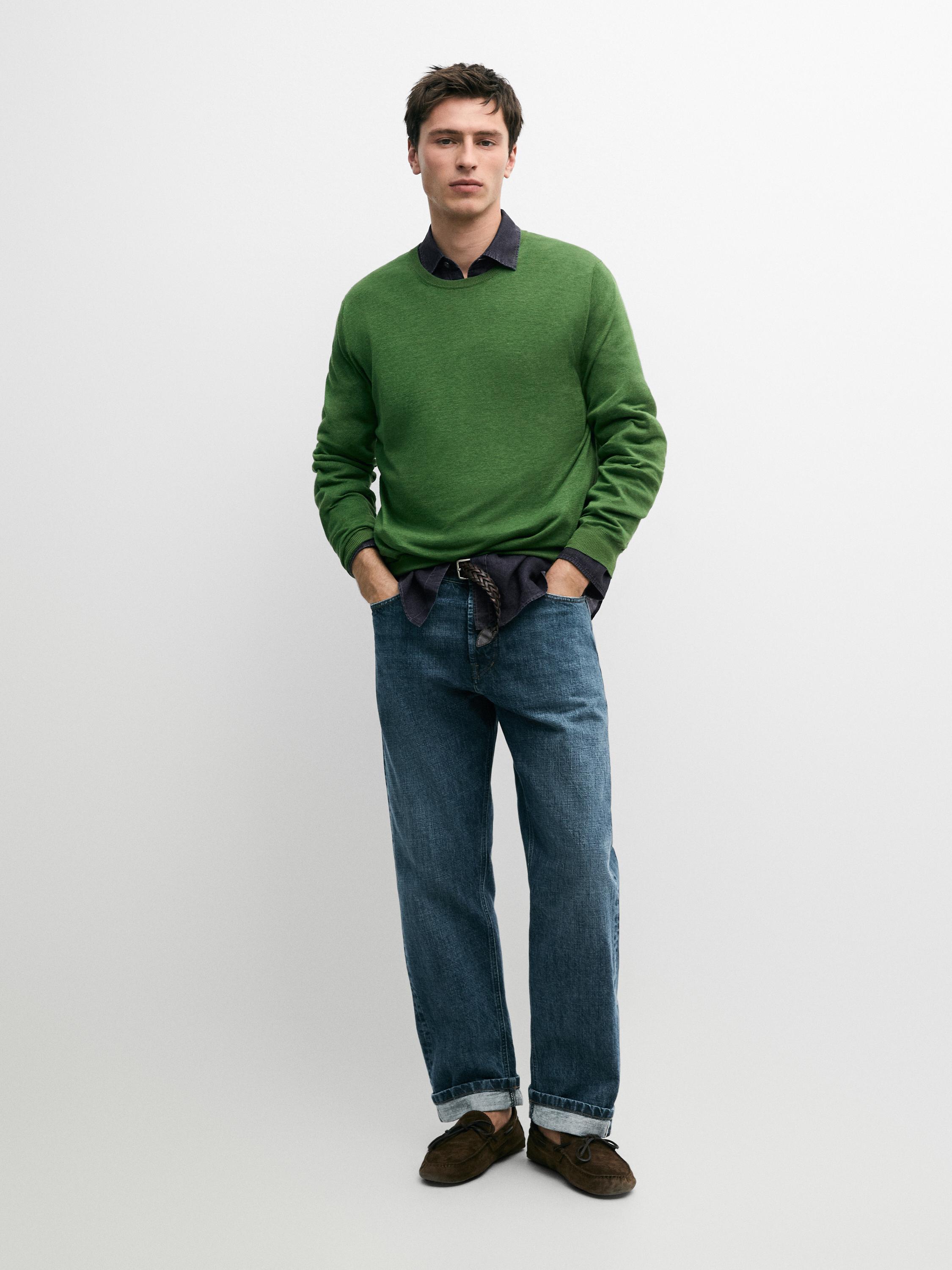 Linen and cashmere knit crew neck sweater — LIME GREEN
