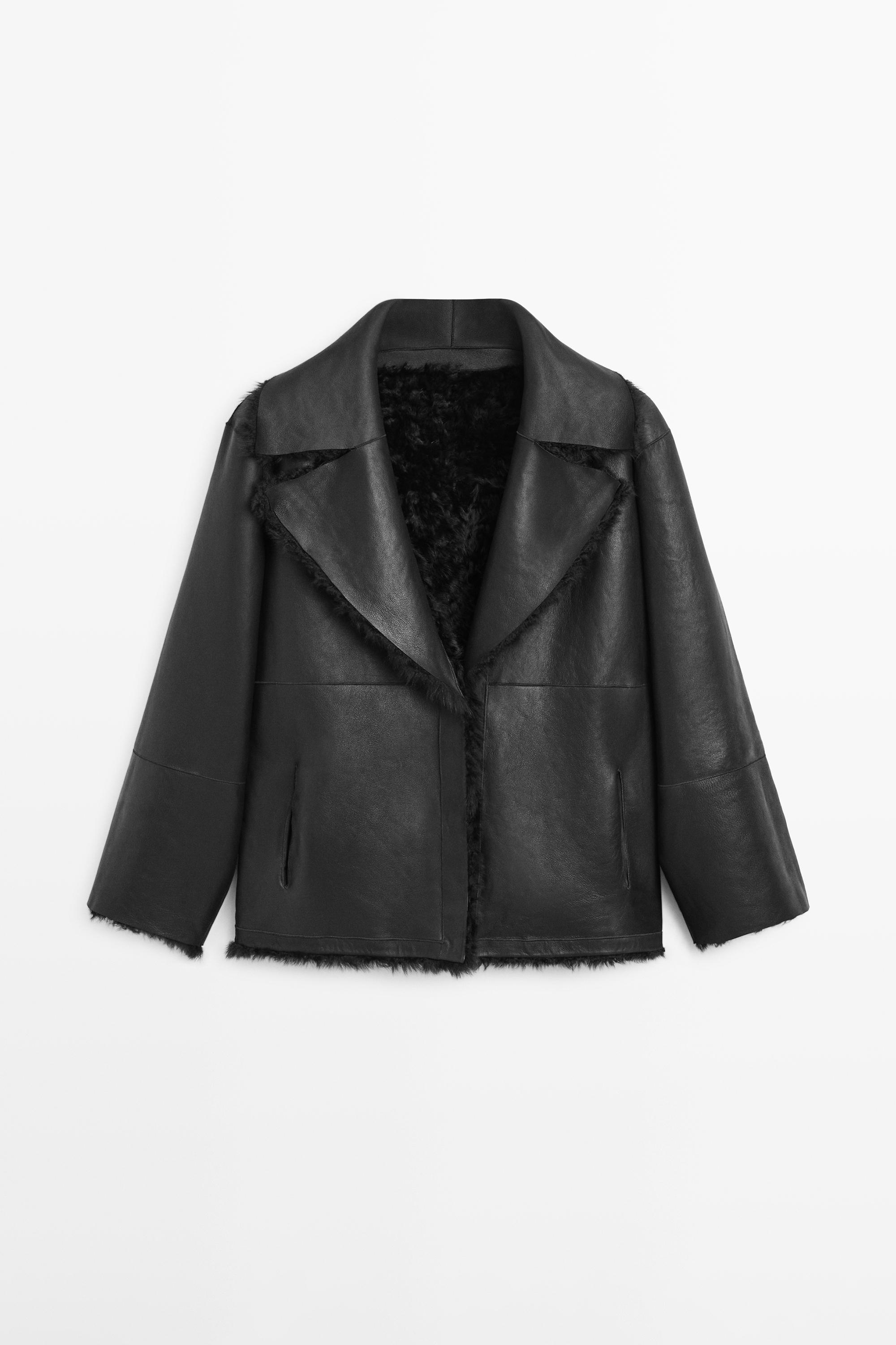 Sheepskin leather coat with lapel collar - STUDIO — BLACK