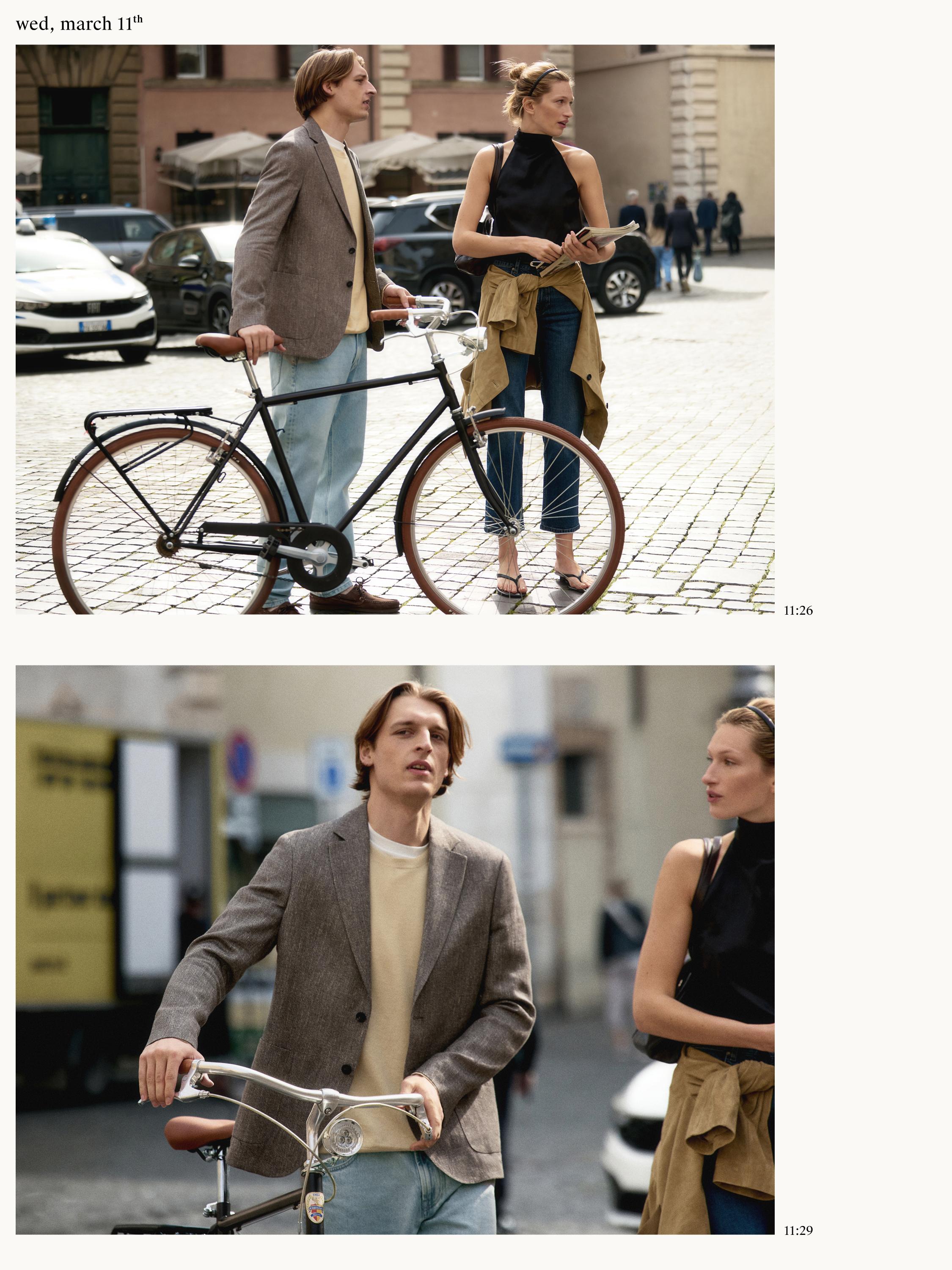 Conjunto de blazer marrón, camiseta beige y jeans claros. Mujer con top negro sin mangas, jeans y chaqueta atada a la cintura.