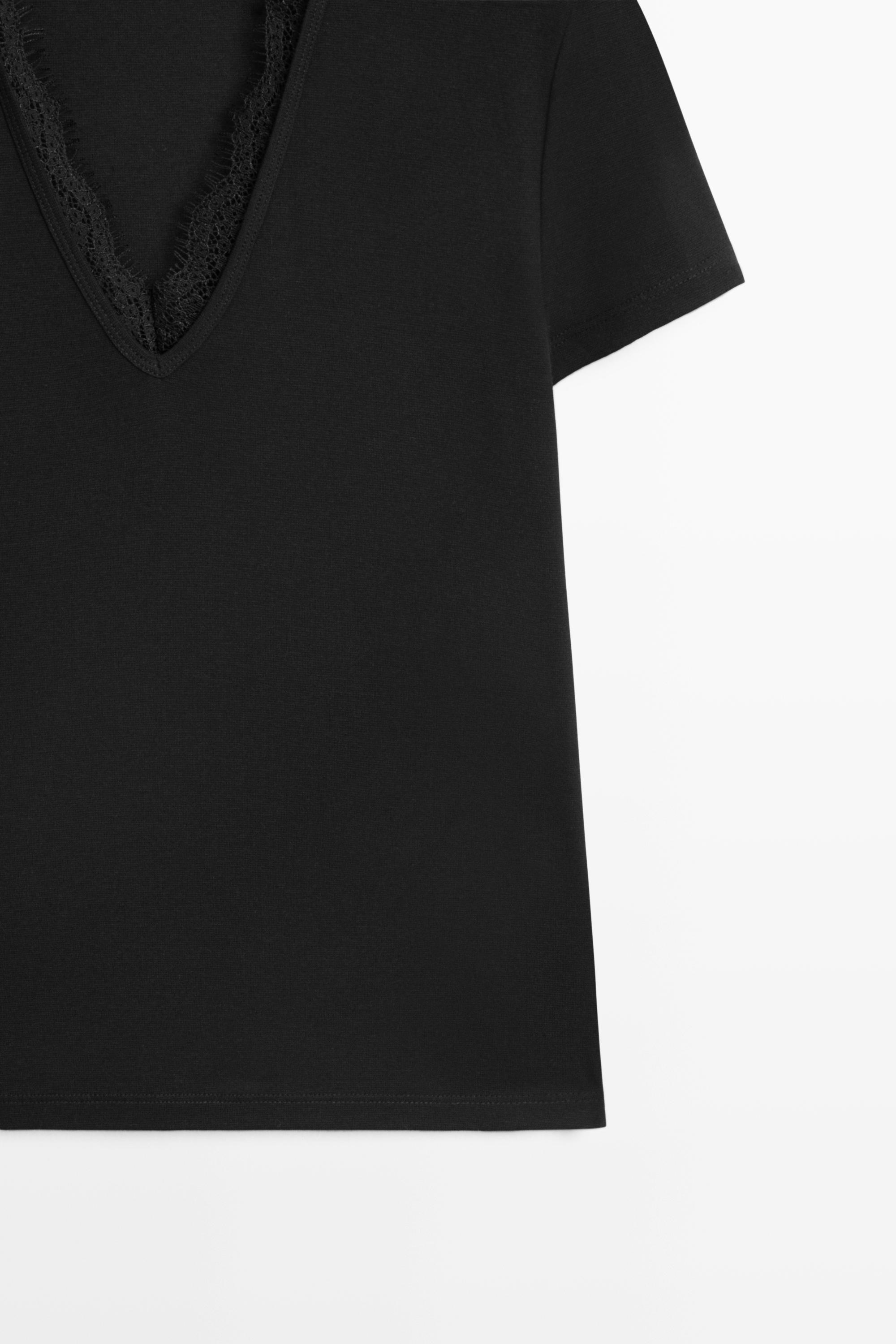 Lace-detail V-neck T-shirt — BLACK